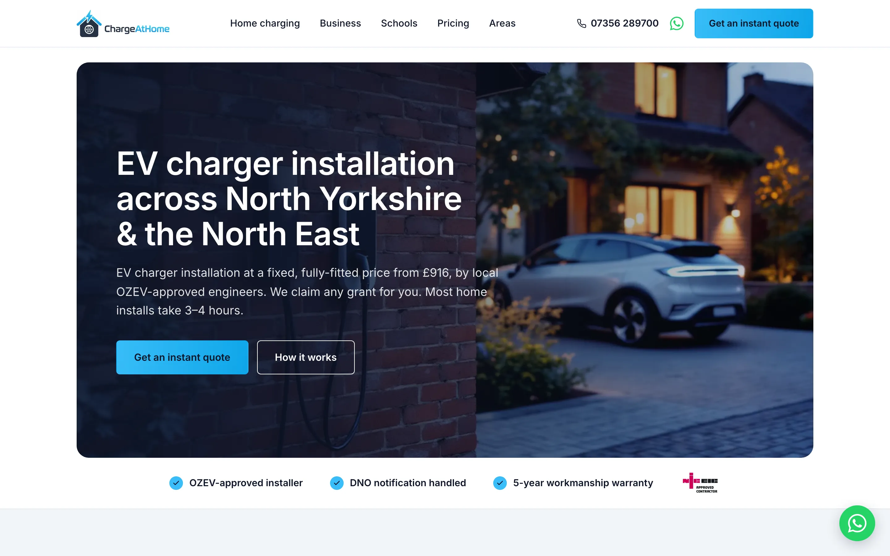 ChargeAtHome website homepage built by Local Ladder, ev charger installation in North Yorkshire