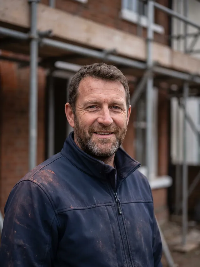 Builder standing in front of a scaffolded house