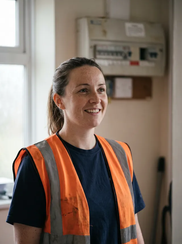 Electrician in a hi-vis vest smiling in front of a consumer unit