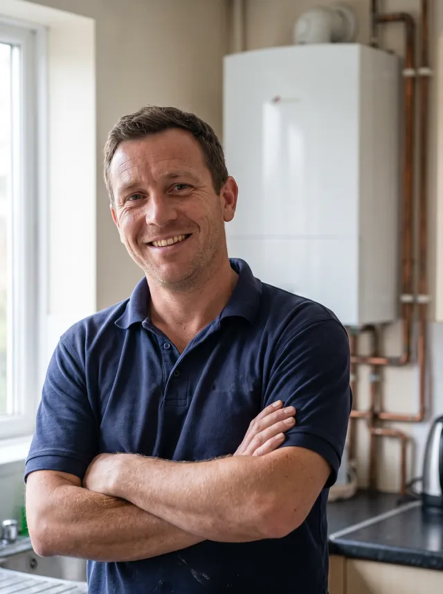 Plumber standing in a modern kitchen with his arms crossed