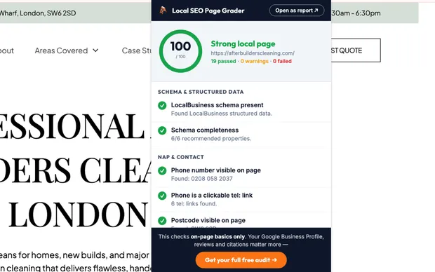 Local SEO checks with plain-English explanations of why each failed check matters