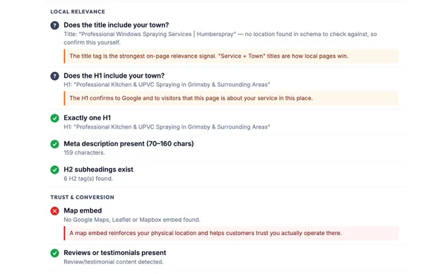 Chrome extension flagging missing LocalBusiness schema on a trade website scoring 58 out of 100