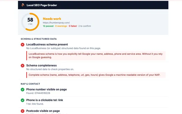 Full-tab local SEO report showing a weighted score of 58 out of 100 with failed checks listed