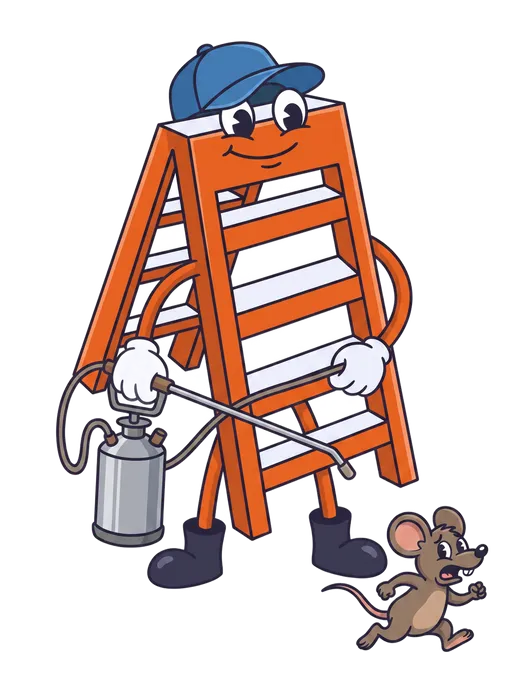 The Local Ladder mascot as a cartoon pest control technician
