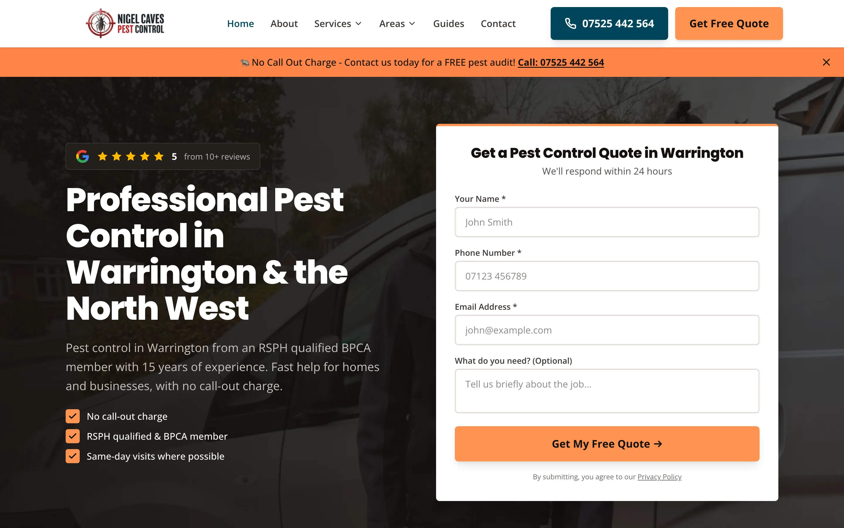 Nigel Caves Pest Control website homepage built by Local Ladder, pest control in Warrington