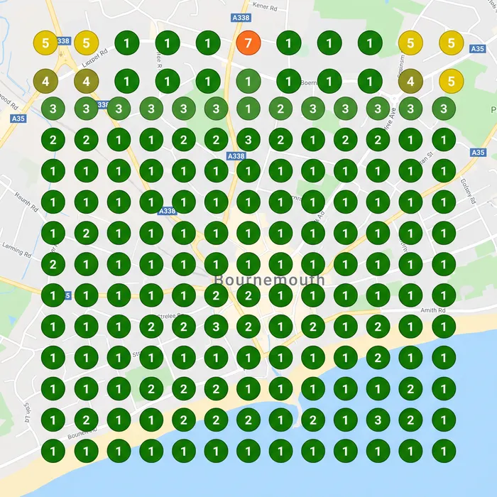Grid scan of a coastal town showing green top-three rankings across almost the whole grid