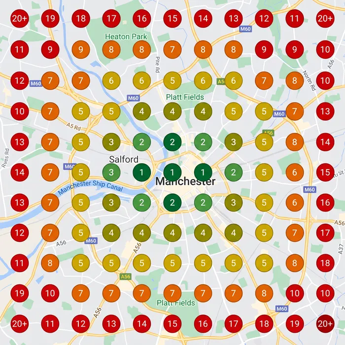 Grid scan of a city showing a small cluster of green top-three rankings in the centre surrounded by orange and red