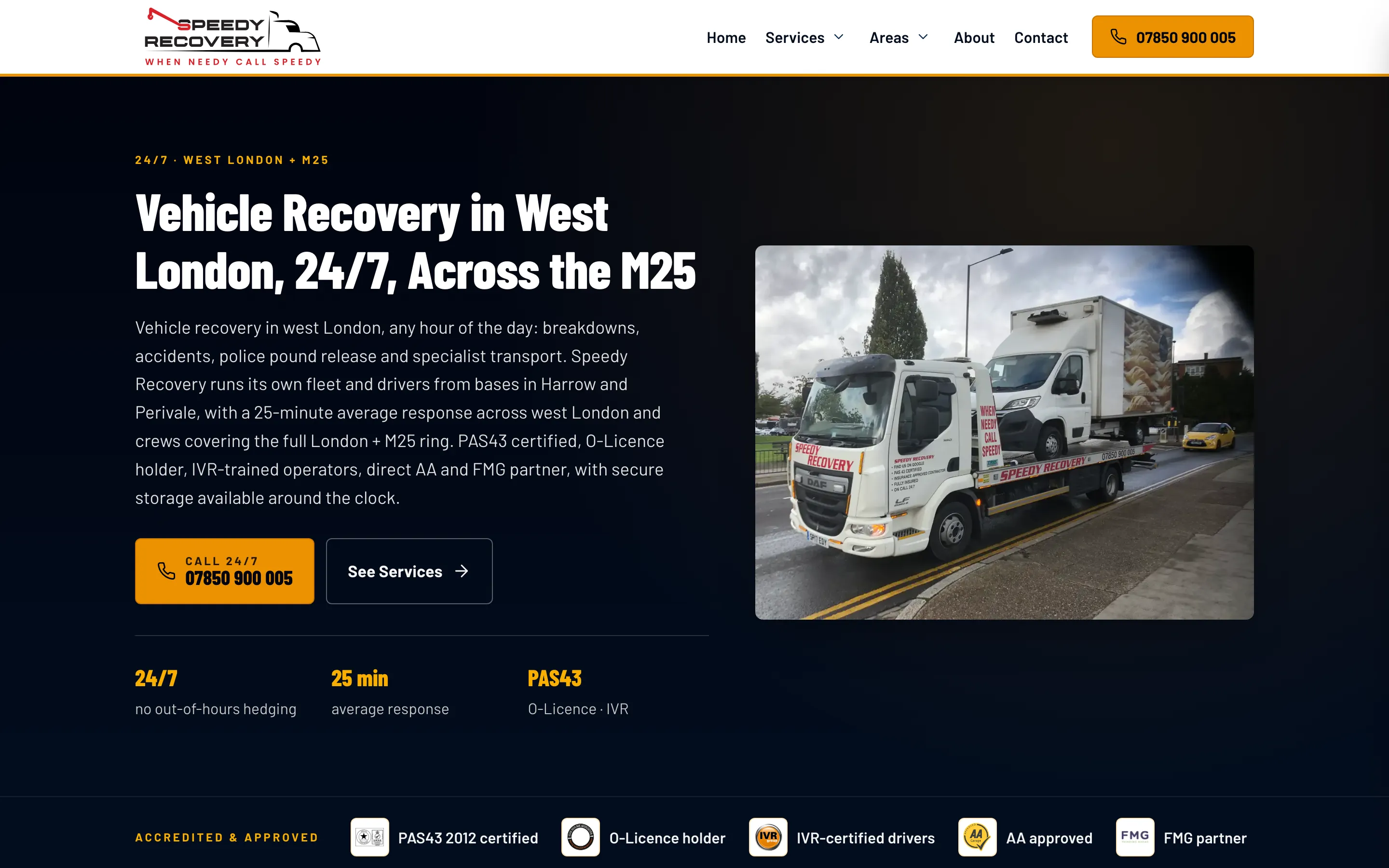 Speedy Recovery website homepage built by Local Ladder, car recovery in London