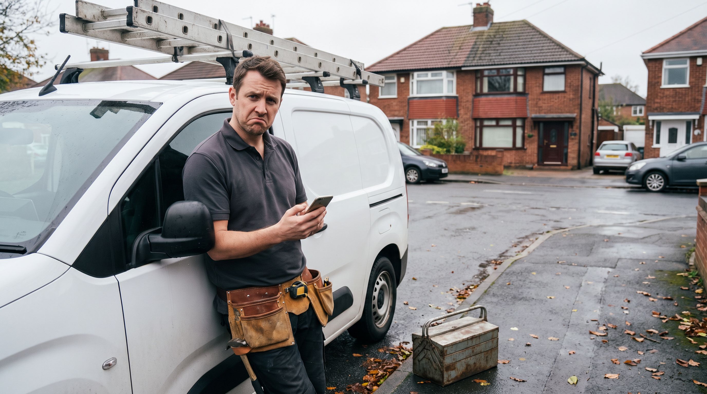 Bark review: a UK handyman leaning on his van scrolling through lead notifications on his phone with a sceptical look