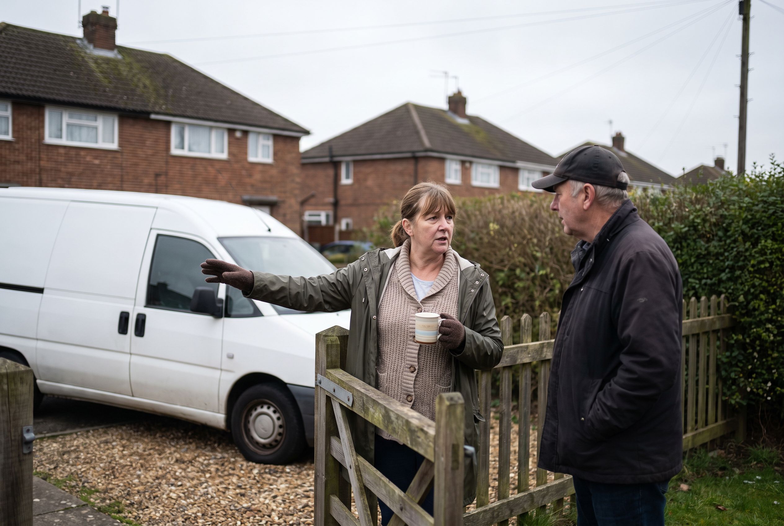 Two neighbours talking over a garden fence, one pointing at a plumber's van parked on the drive next door