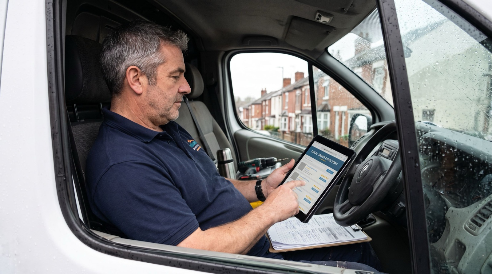 Checkatrade review: a UK tradesman weighing up trade directory listings on a tablet in his van