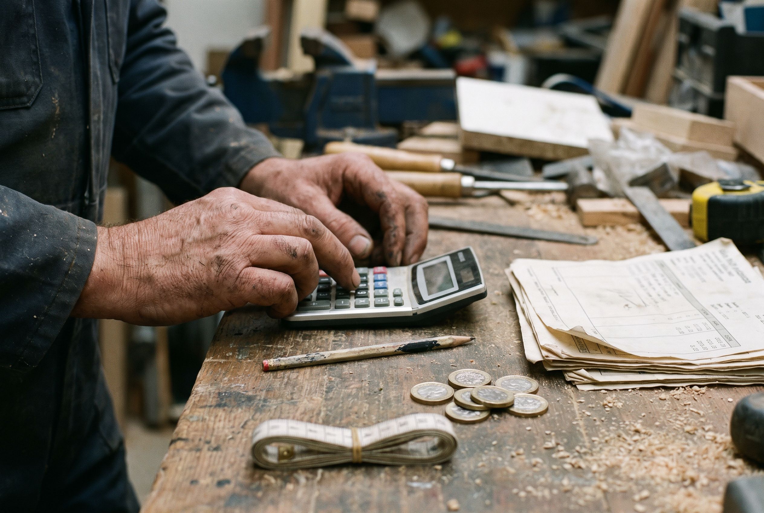 A tradesman working out lead costs on a calculator at his workbench with invoices, a pencil and a tape measure