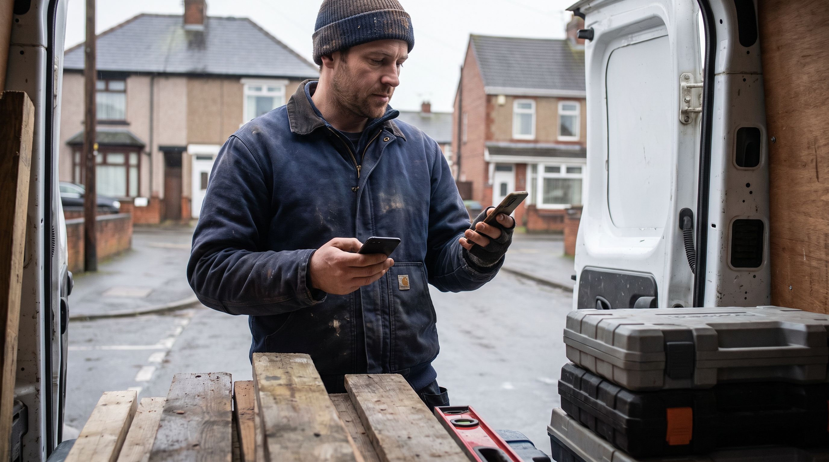 Checkatrade vs MyBuilder: a UK builder at the back of his van comparing two trade directory apps on two phones
