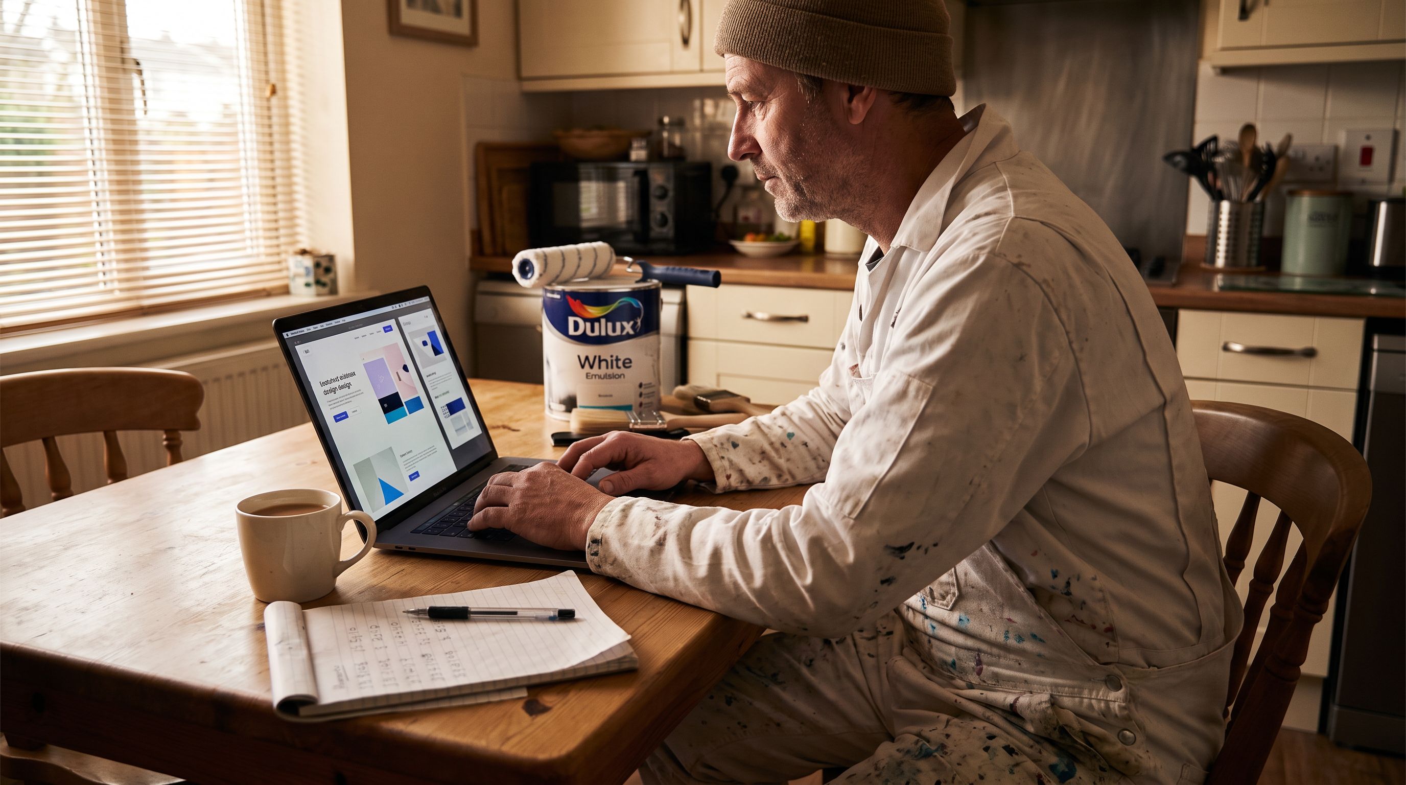 UK painter and decorator in overalls at a kitchen table comparing website design quotes on a laptop, roller and paint tin behind him