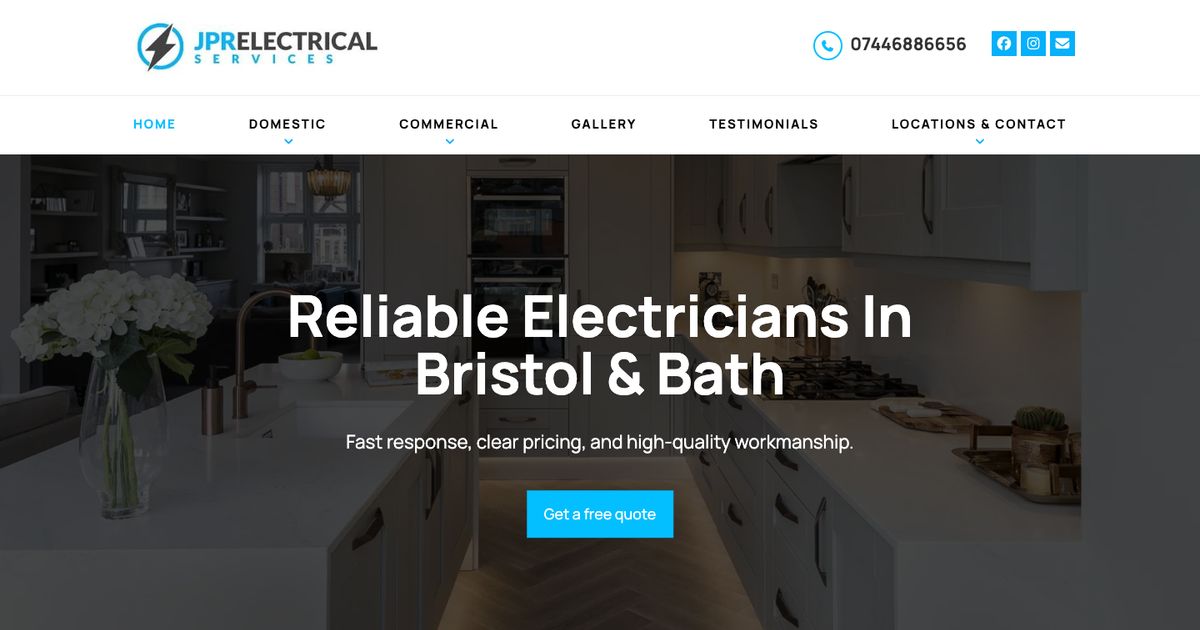 JPR Electrical Services homepage: one-man electrical firm covering Bristol and Bath with free quote button