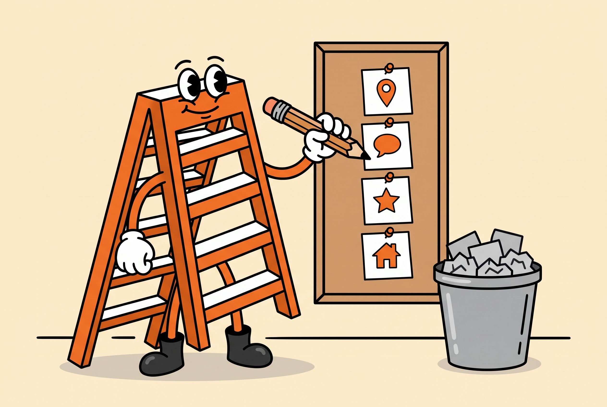 Illustration of the Local Ladder mascot ticking off four listing cards on a corkboard while a bin beside it overflows with discarded directory cards