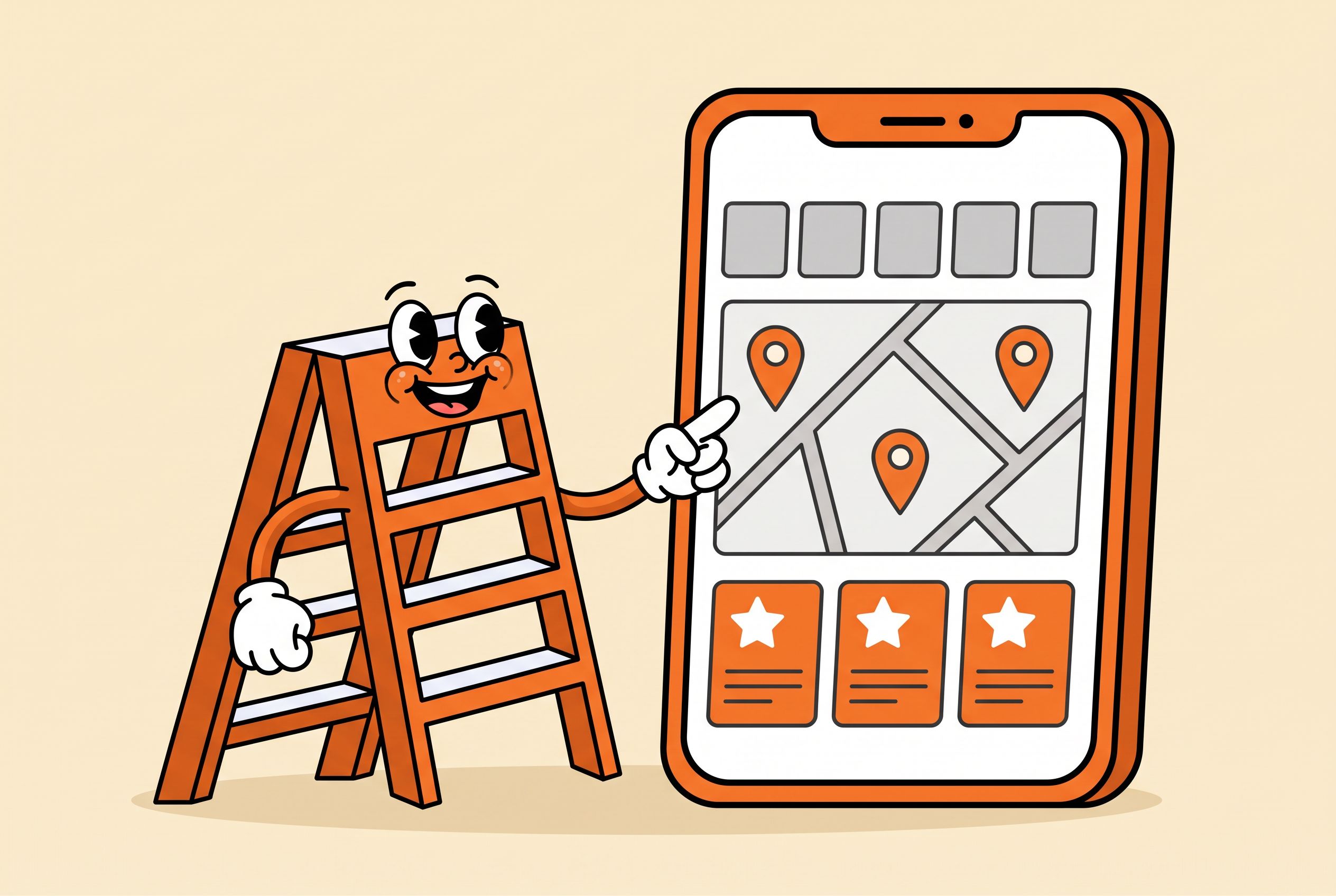 Illustration of the Local Ladder mascot pointing at a phone search result showing a row of grey directory tiles above a map with three orange pins