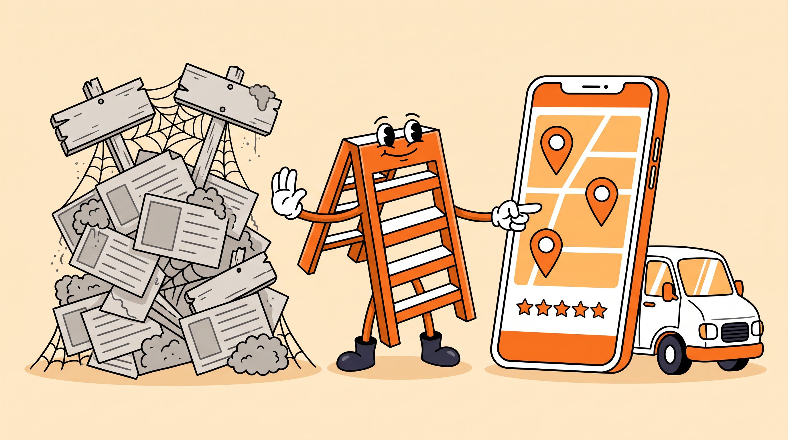 Illustration of the Local Ladder mascot turning away from a dusty heap of old directory listings and pointing at a phone showing a map with three pins