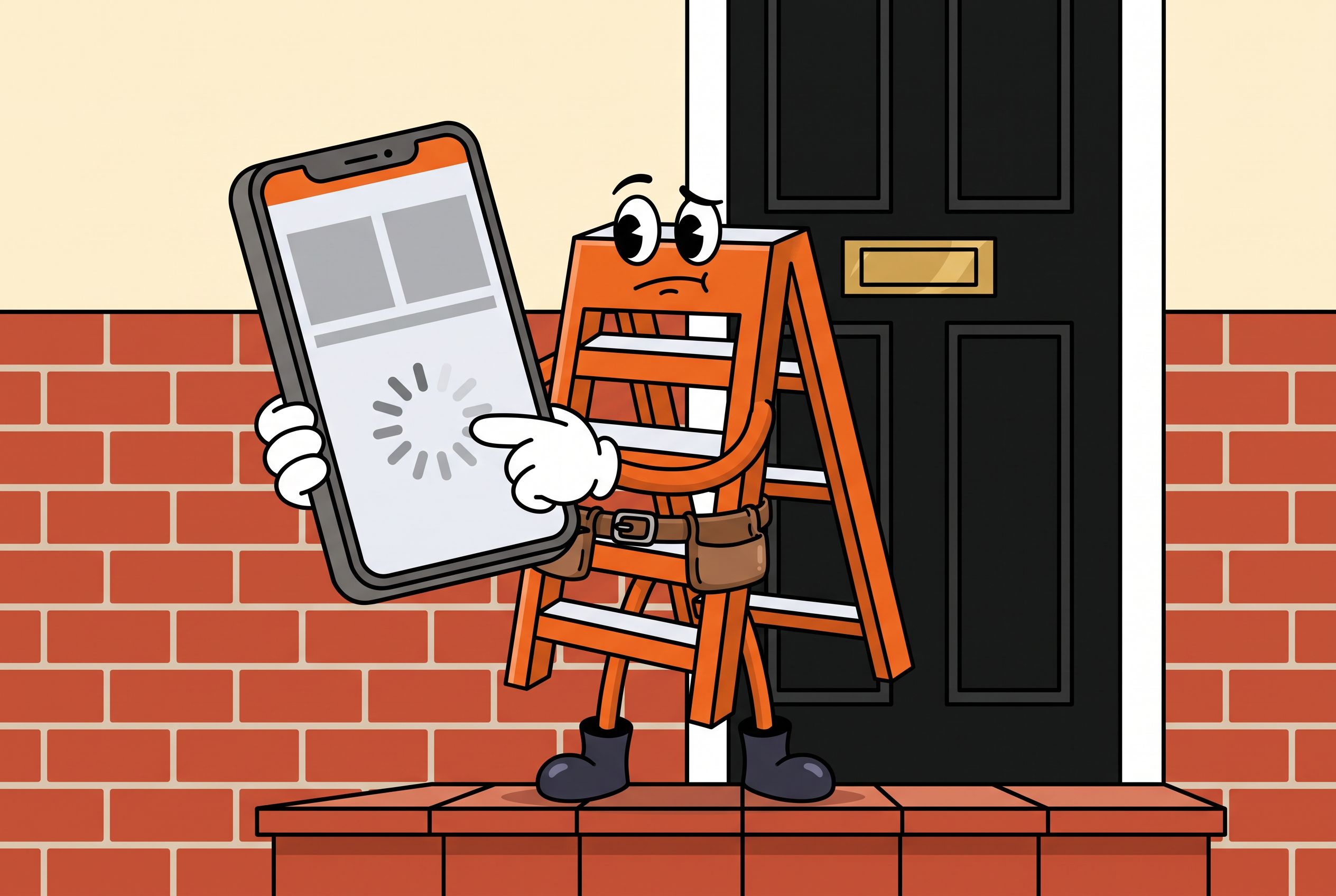 The Local Ladder mascot on a British doorstep frowning at a phone where a trade website is still loading