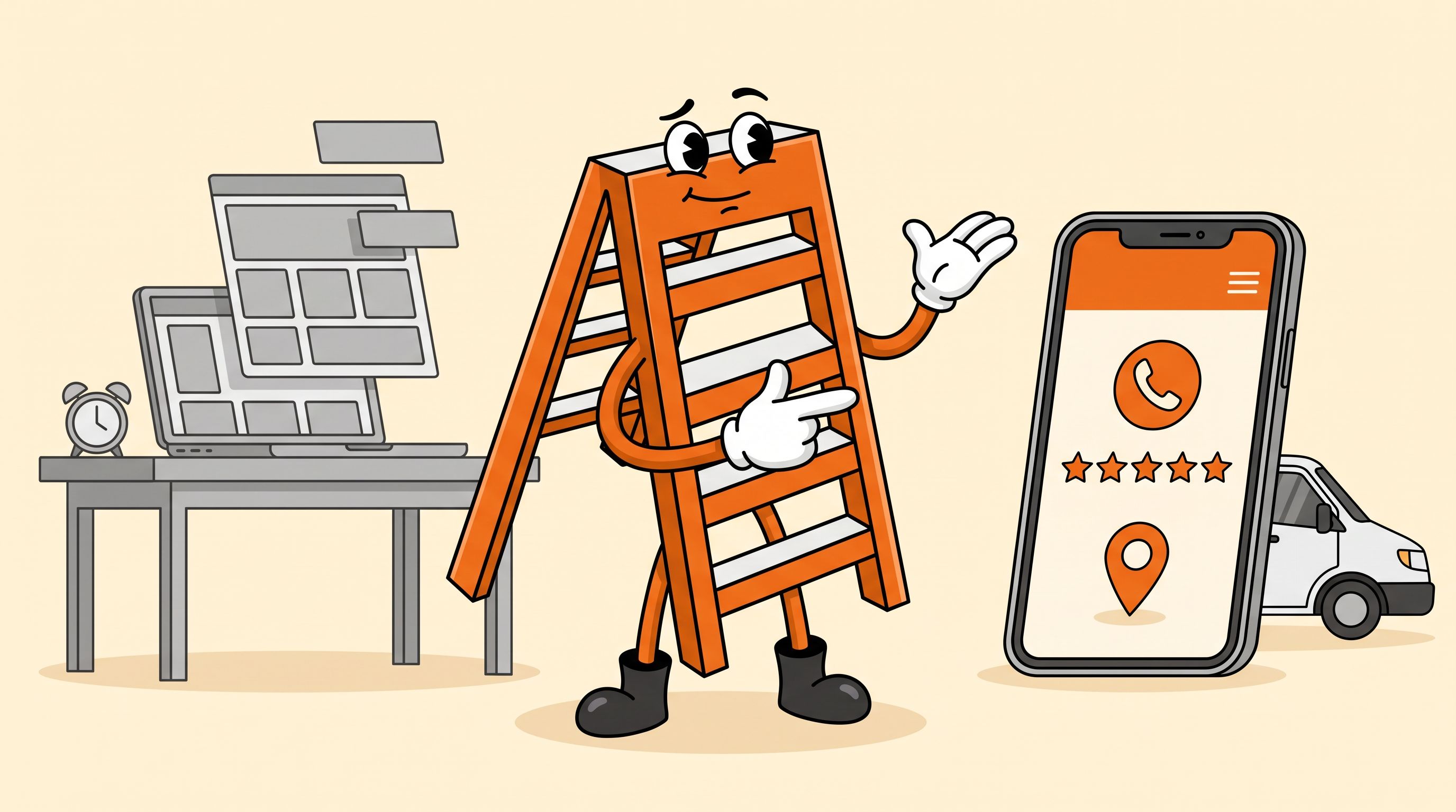 Illustration of the Local Ladder mascot weighing a drag-and-drop template on a laptop against a finished trade website on a phone