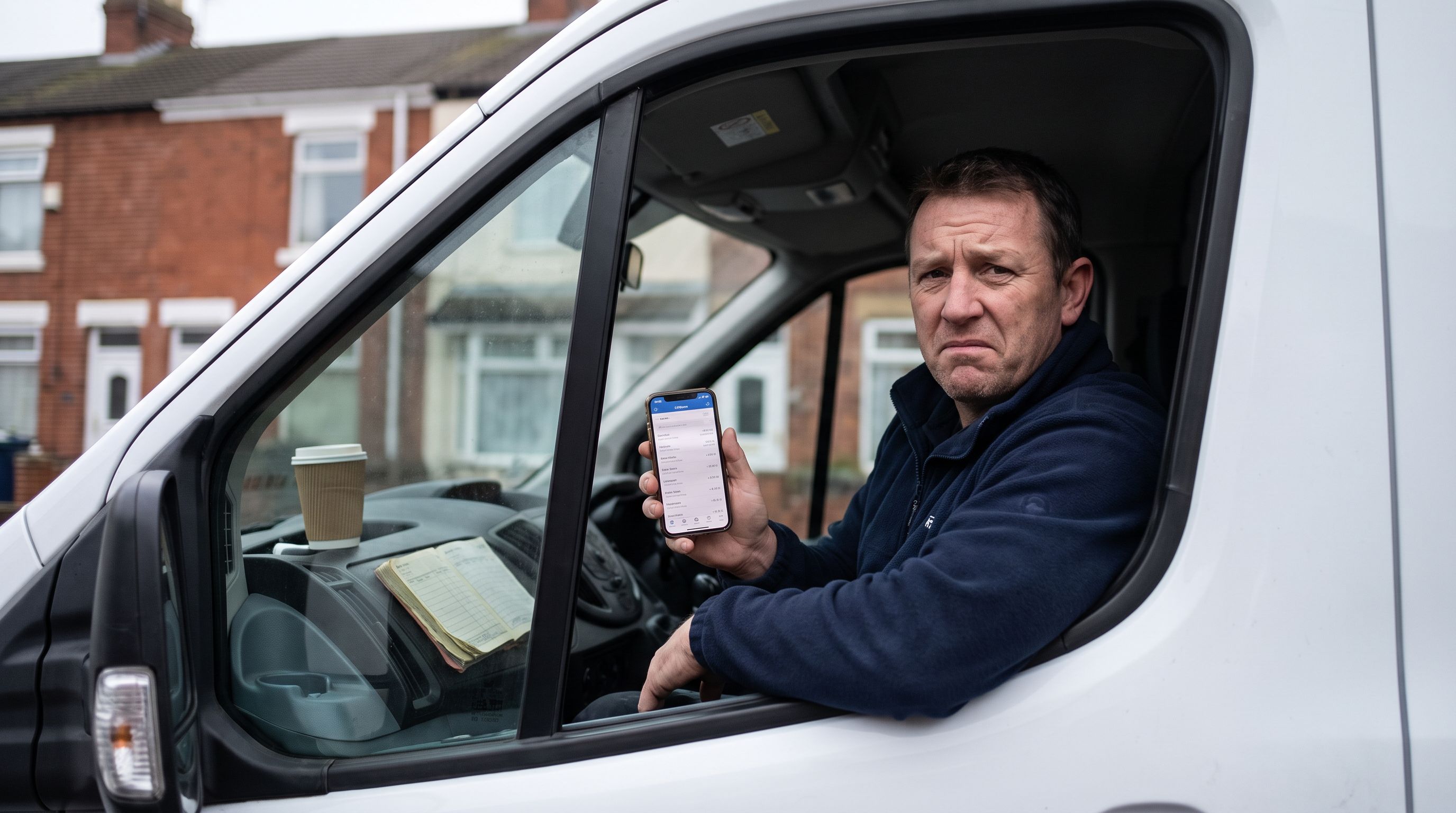 MyBuilder cost: a UK tradesman in his van checking shortlist fees on his phone