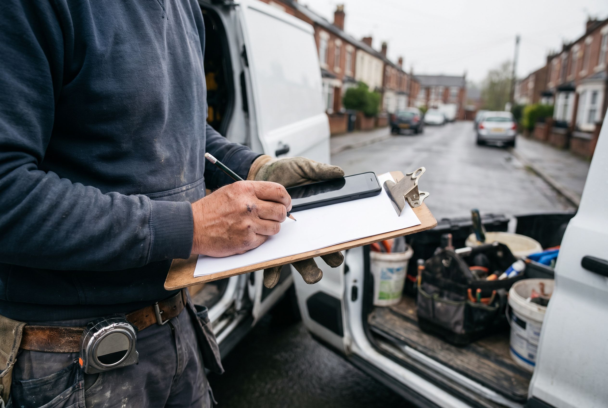 A tradesman writing up a quote on a clipboard at the open door of his van after being shortlisted