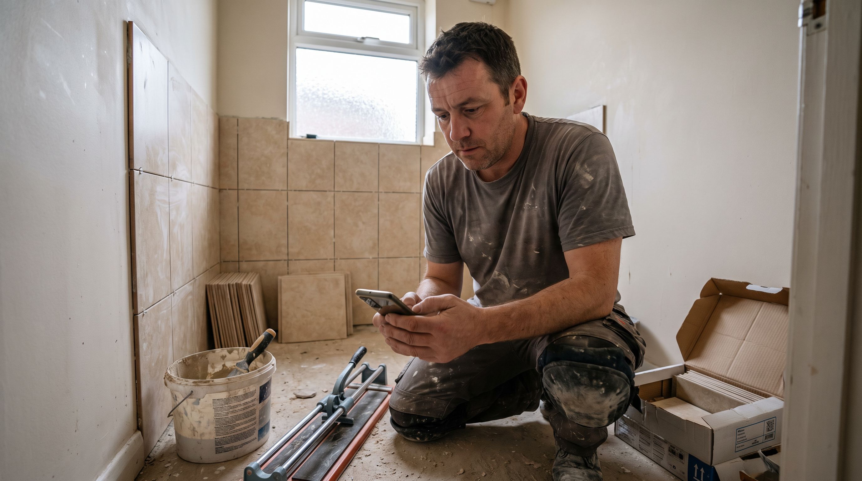 MyBuilder review: a UK tiler pausing mid-job in a half-finished bathroom to check a shortlist notification on his phone