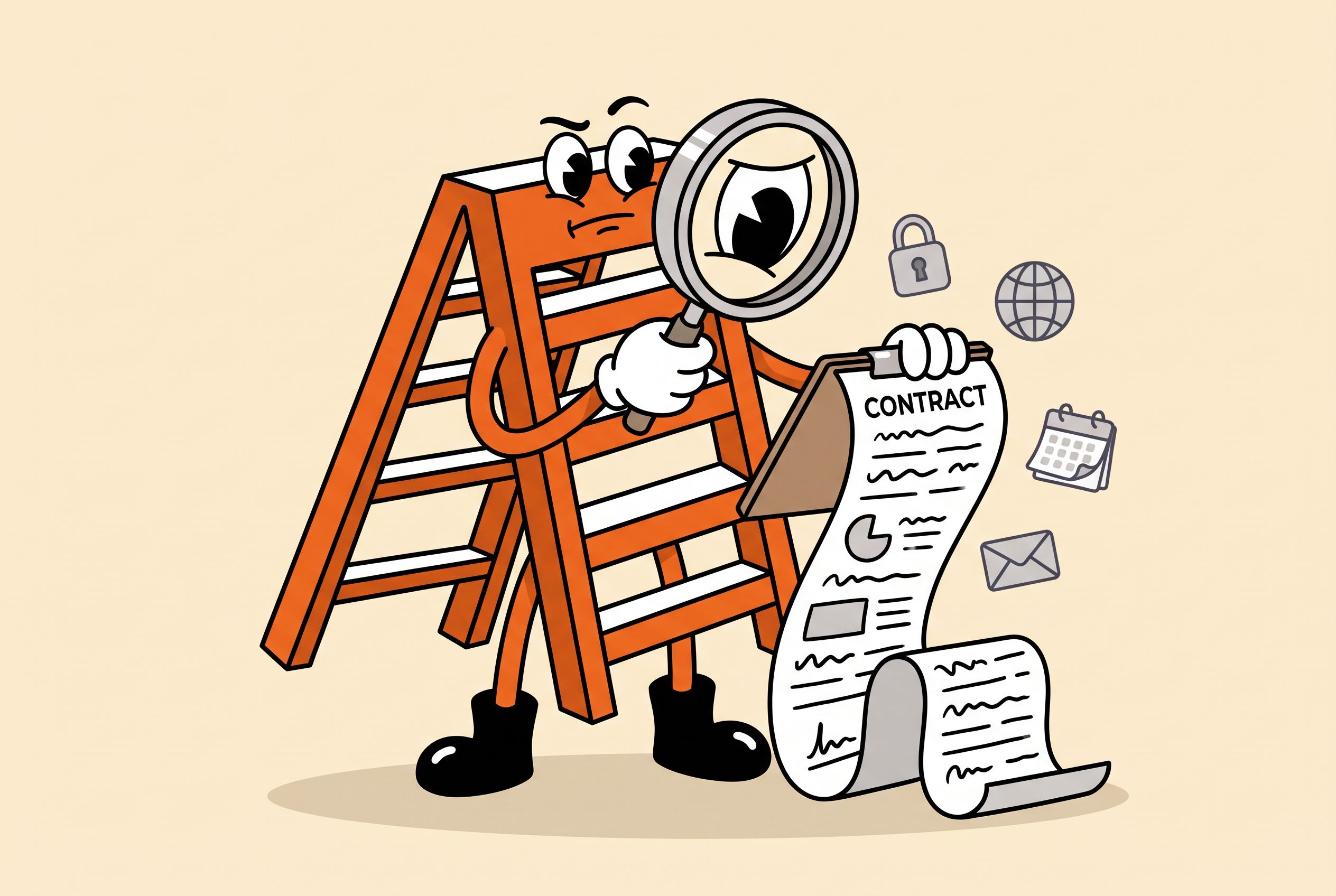 Illustration of the Local Ladder mascot inspecting a long contract on a clipboard through a magnifying glass, with a padlock, globe, calendar and envelope icon nearby