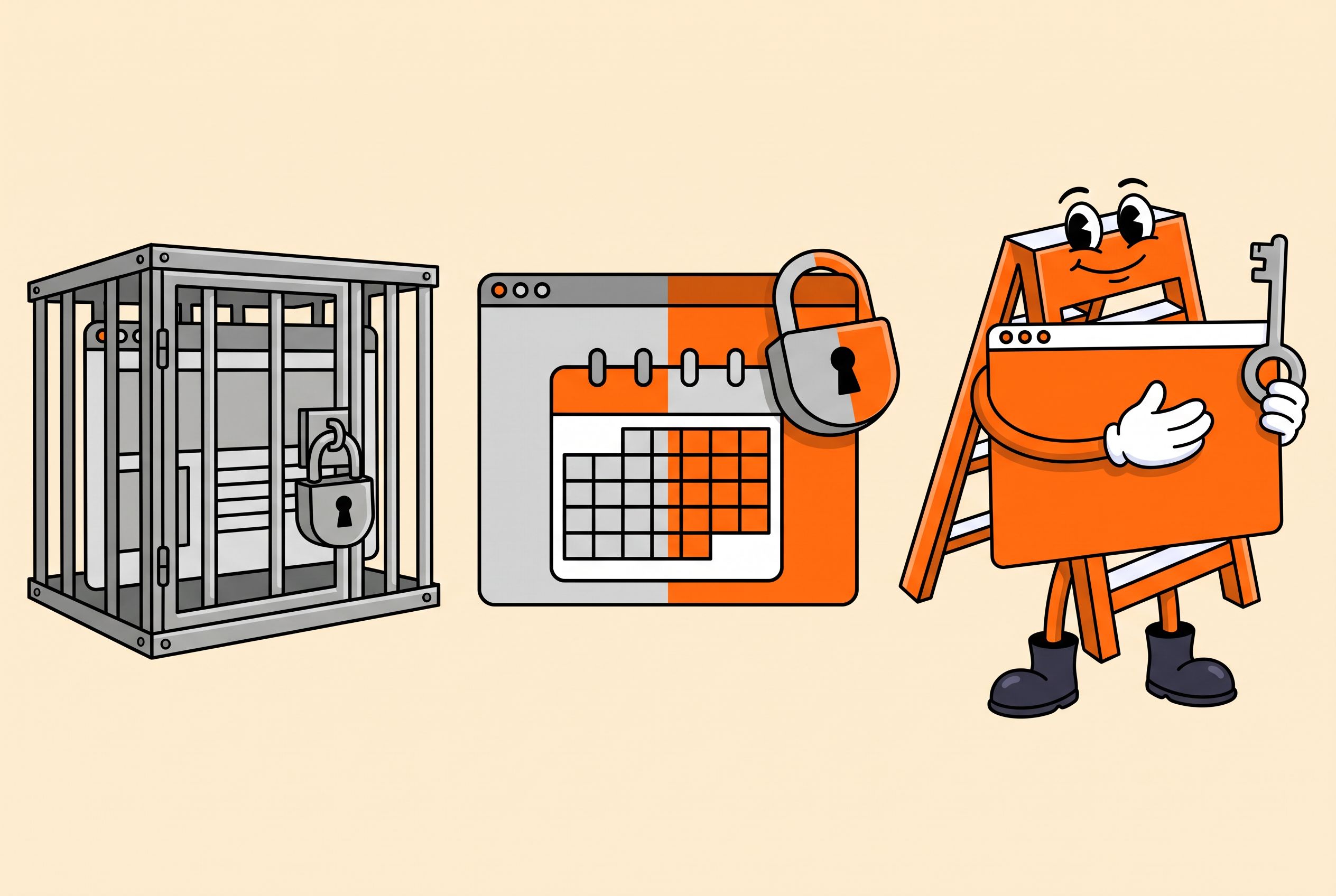 Illustration of three scenes: a grey website locked in a cage, a half grey and half orange website with a calendar and padlock, and the Local Ladder mascot hugging an orange website while holding a key