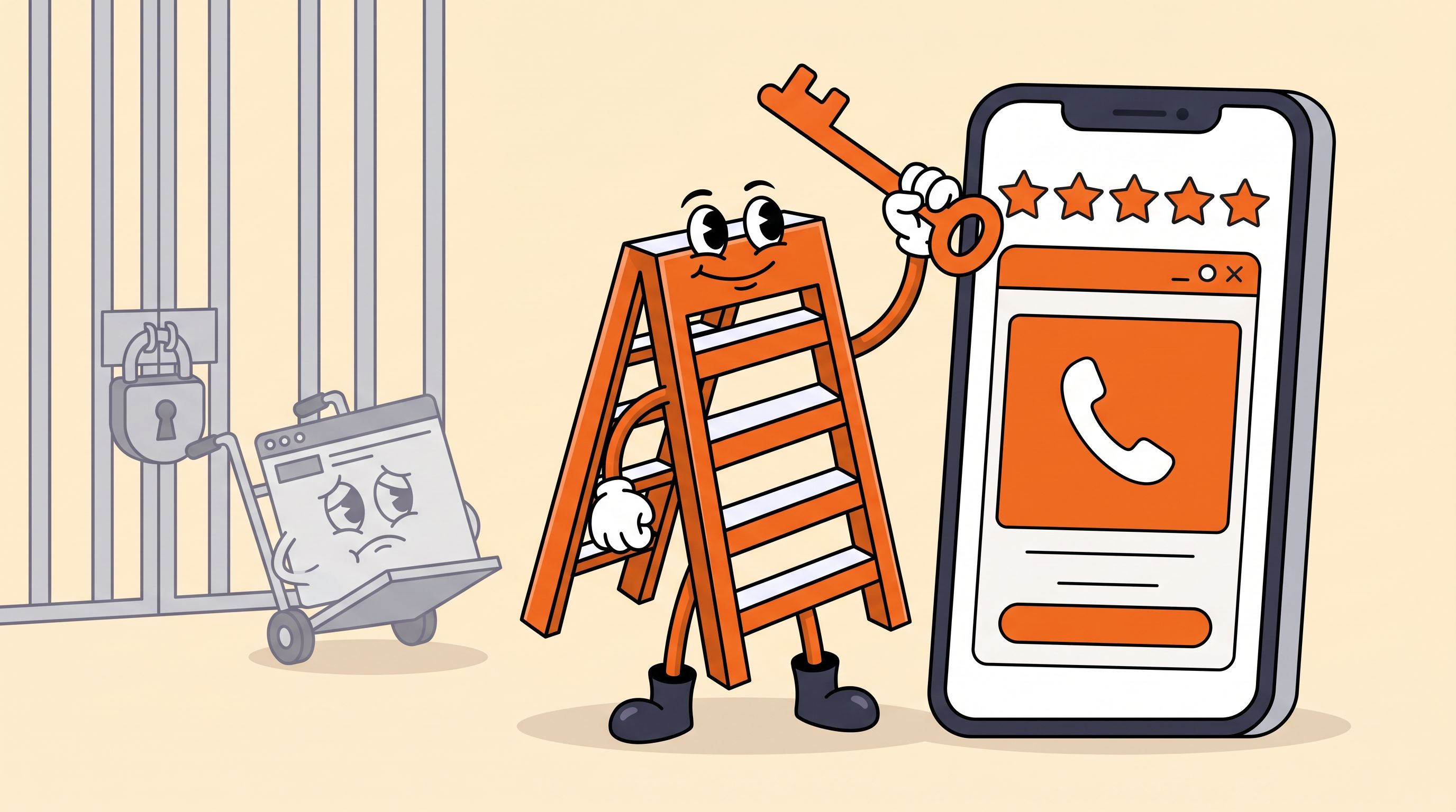 Illustration of the Local Ladder mascot holding up a key beside a phone showing a trade website, while a sad grey website is wheeled away behind a locked gate
