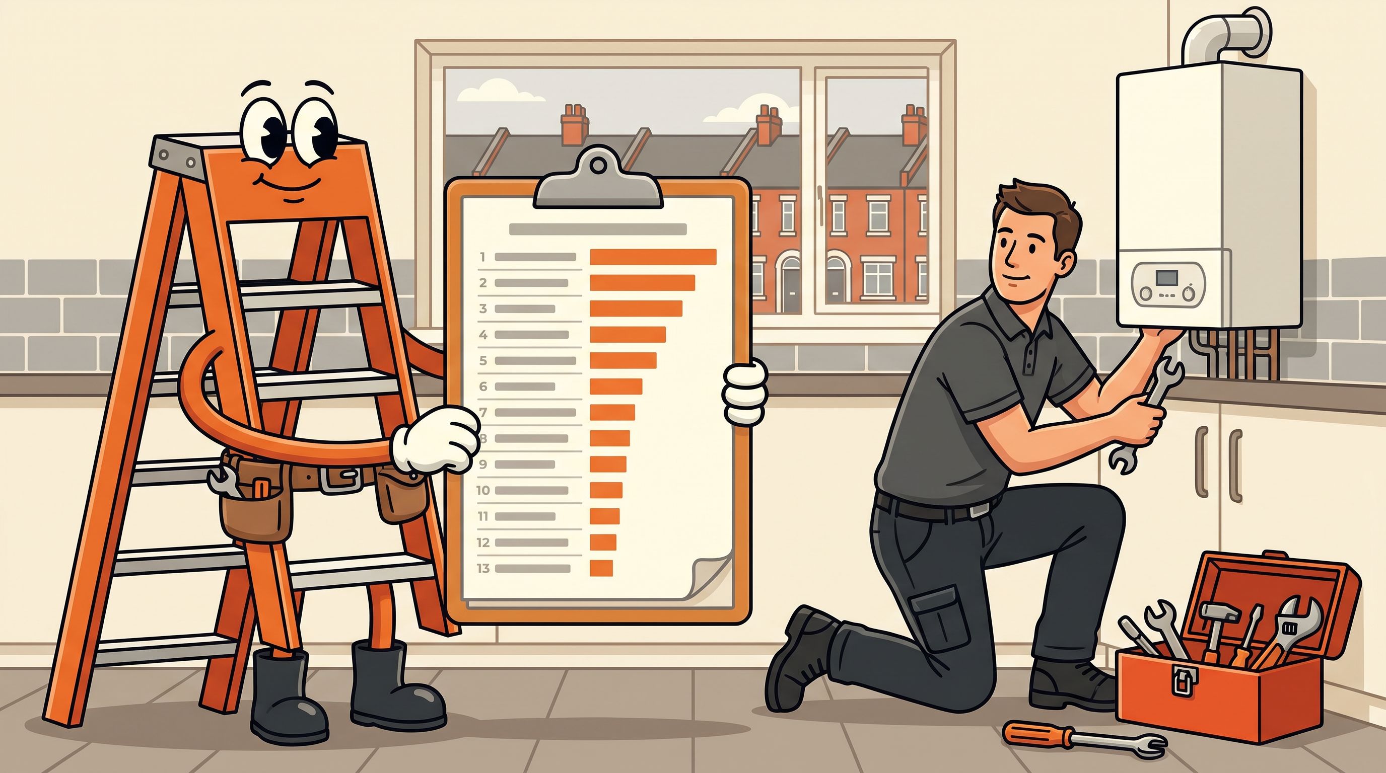 Illustration of the Local Ladder mascot holding a ranked list of plumbing keywords while a plumber works on a boiler in a UK kitchen