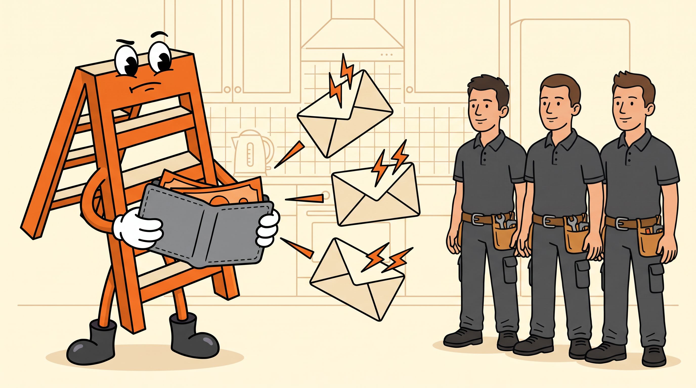 Illustration of the Local Ladder mascot holding a wallet while the same plumbing enquiry is sold to three different plumbers