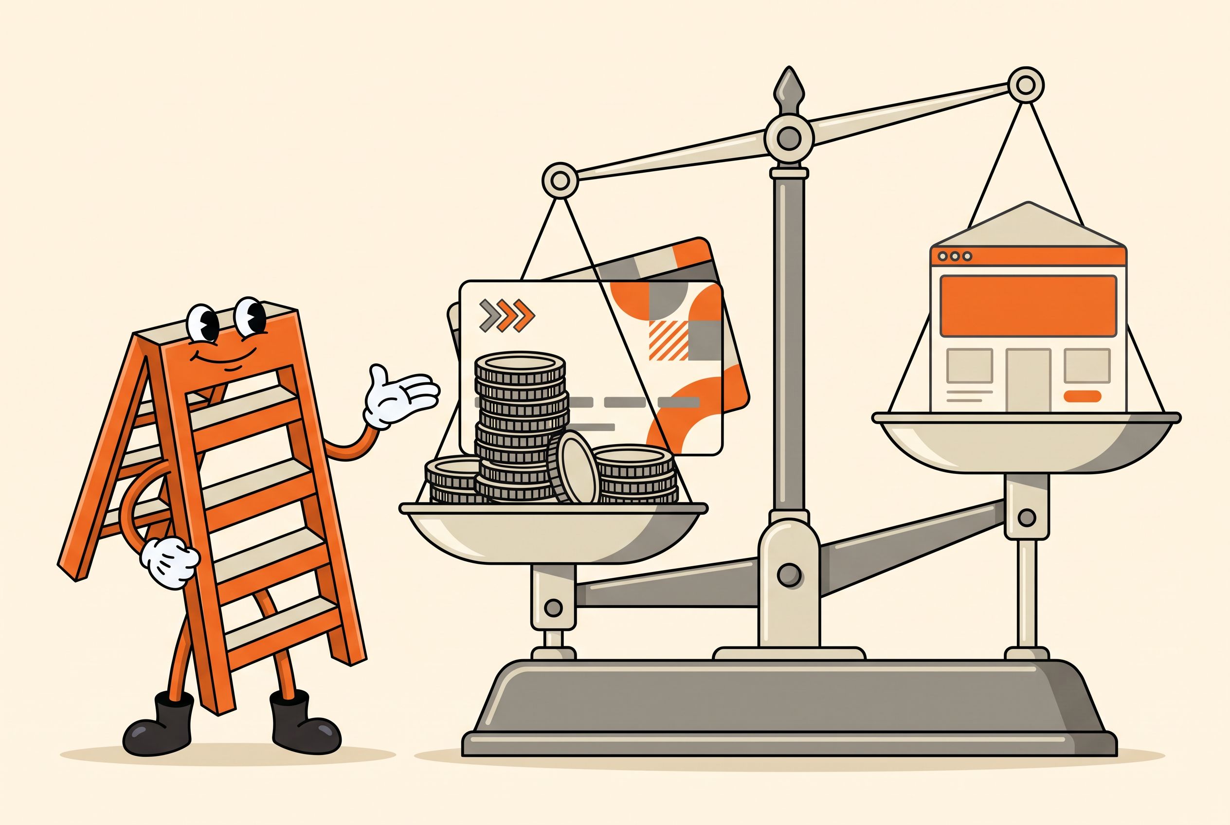 The Local Ladder mascot beside a balance scale weighing a stack of coins and a repeating subscription against a single website