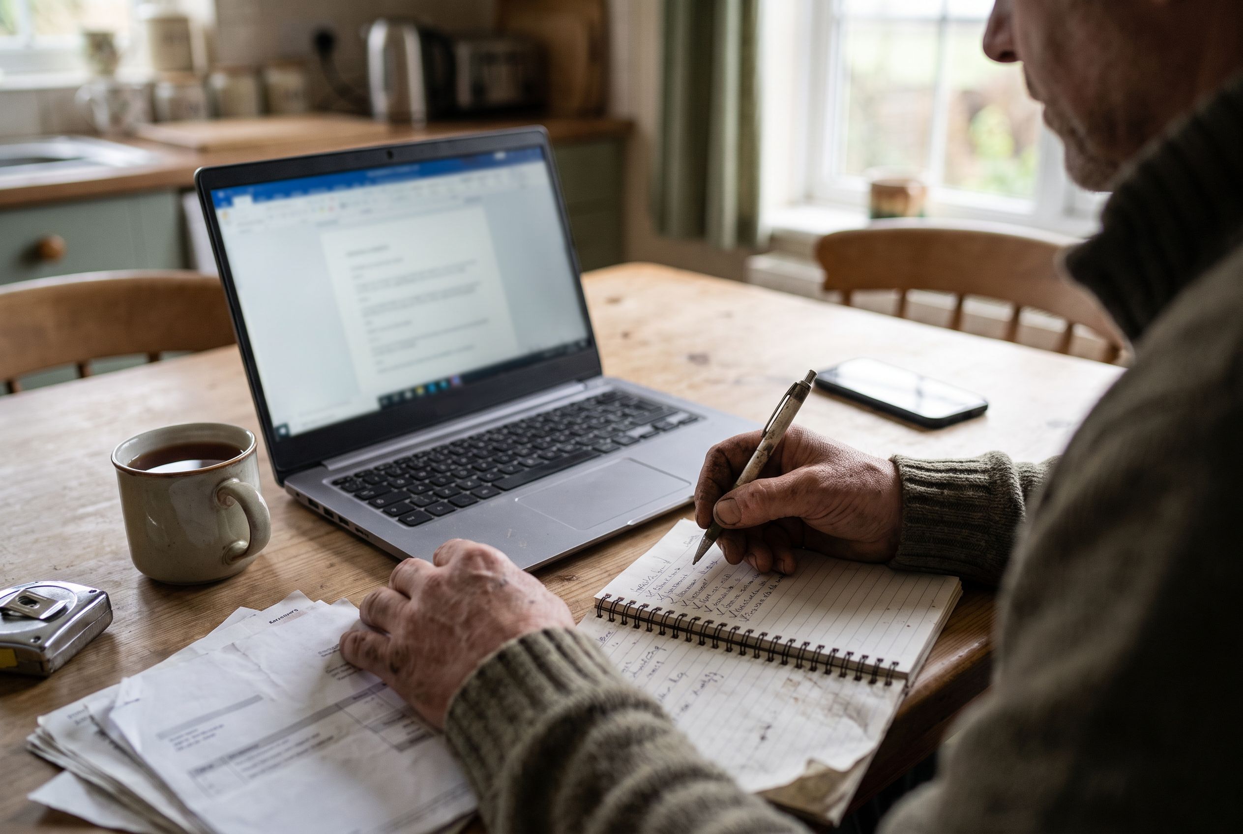 A tradesperson working through a handwritten checklist at the kitchen table with a laptop, invoices and a mug of tea