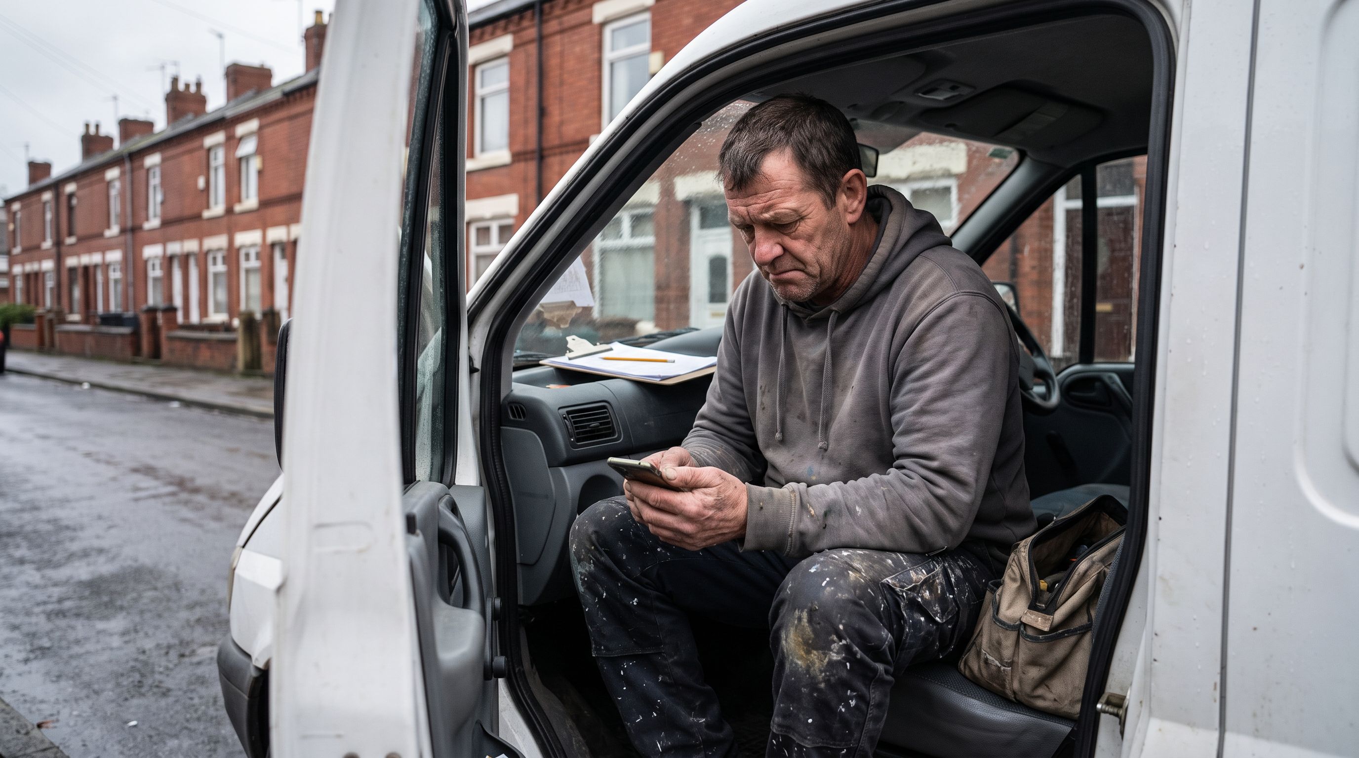 Rated People closed: a UK tradesman in his van reading the news on his phone with a worried expression