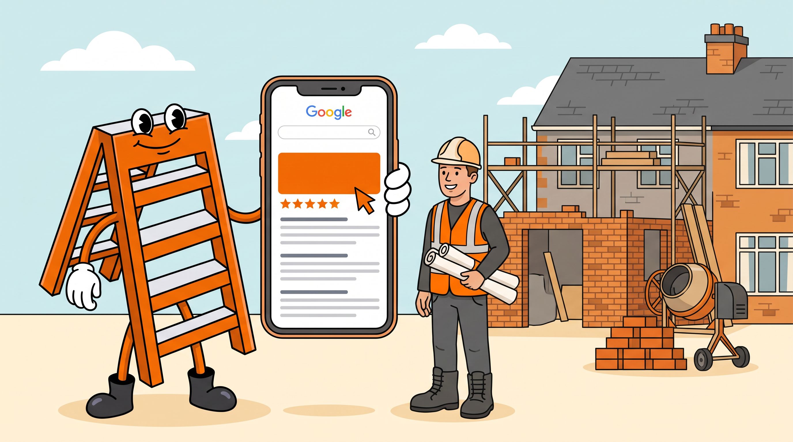 Illustration of the Local Ladder mascot holding a phone showing Google results while a builder stands in front of a half-built brick extension