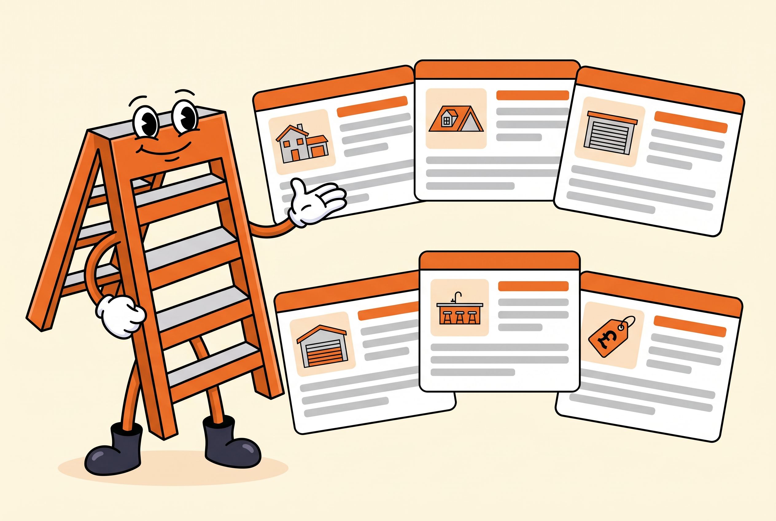 The Local Ladder mascot presenting separate web pages for house extensions, loft conversions, garage conversions, kitchen extensions and project pricing