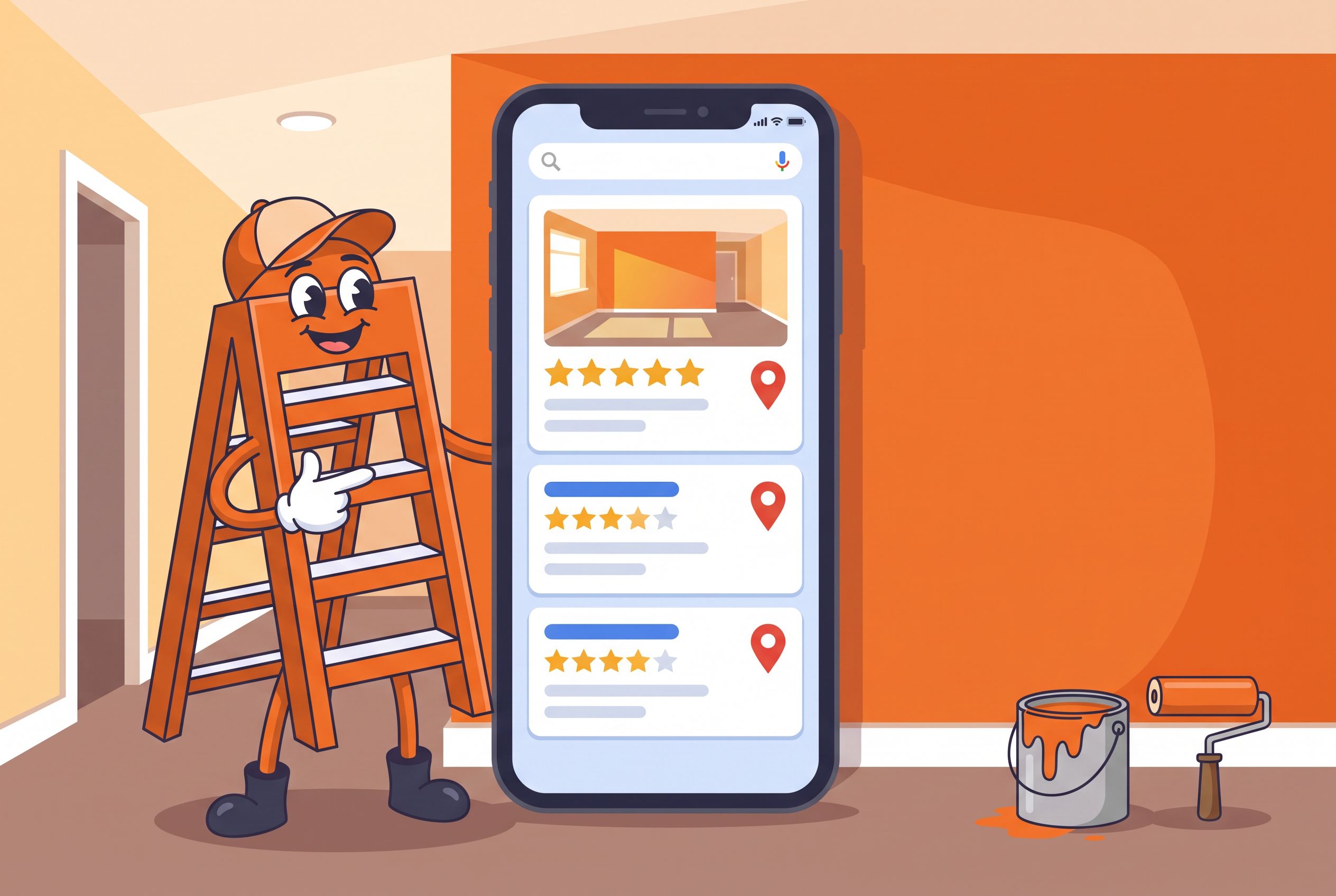 The Local Ladder mascot pointing at a Google map pack listing for a decorating firm with five stars and a photo of a freshly painted room