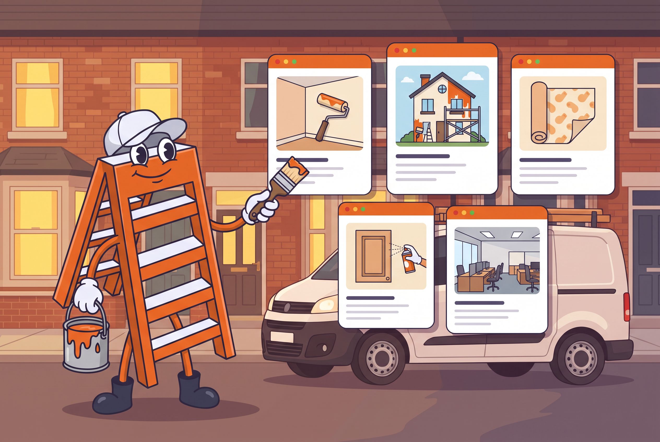 The Local Ladder mascot presenting separate web pages for interior painting, exterior painting, wallpapering, kitchen spraying and commercial decorating