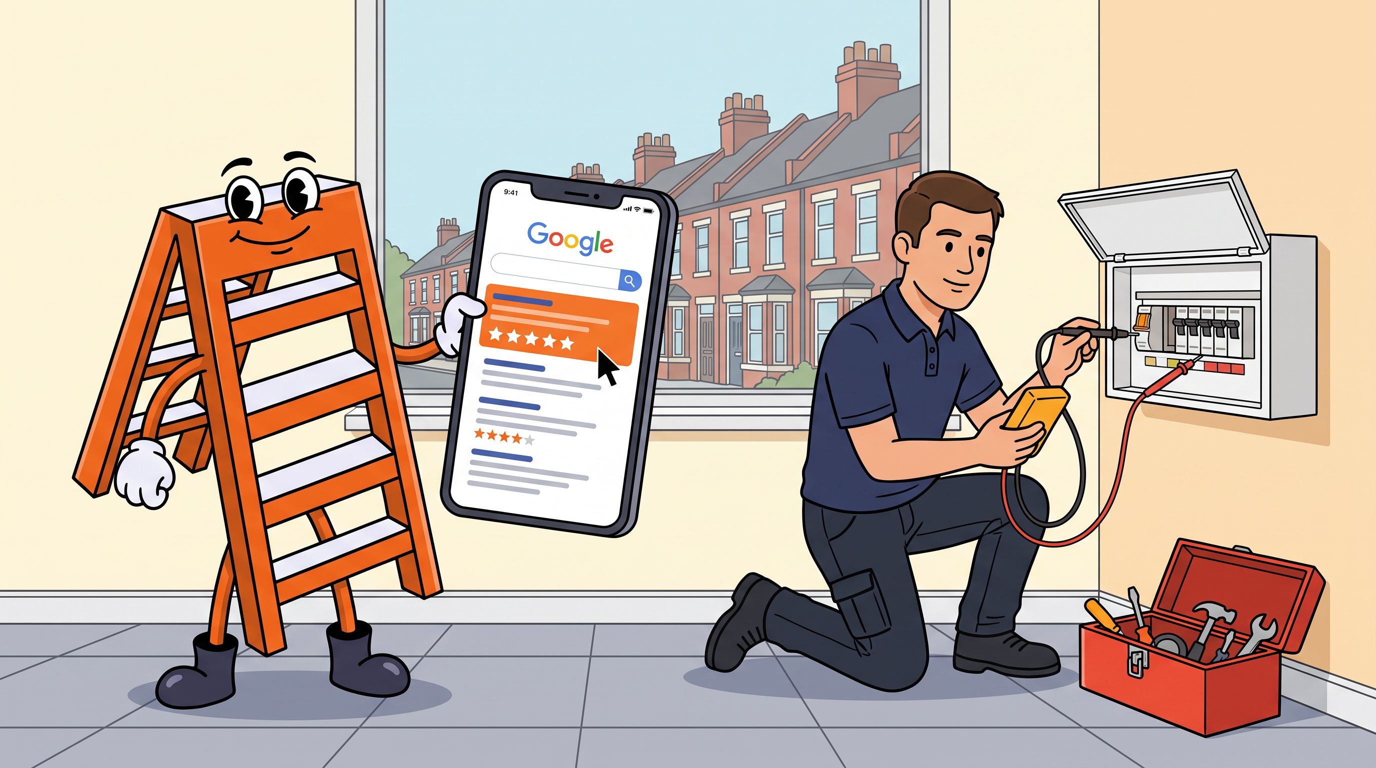Illustration of the Local Ladder mascot holding a phone showing Google results while an electrician tests a consumer unit in a UK home
