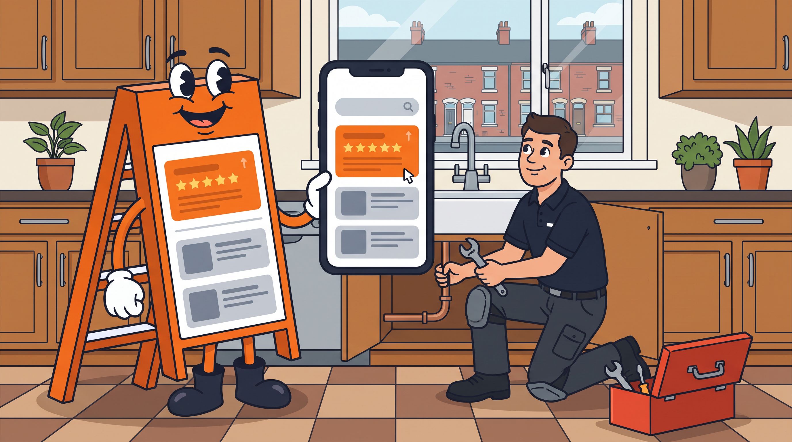 Illustration of the Local Ladder mascot showing Google search results on a phone while a plumber fixes a pipe under a UK kitchen sink