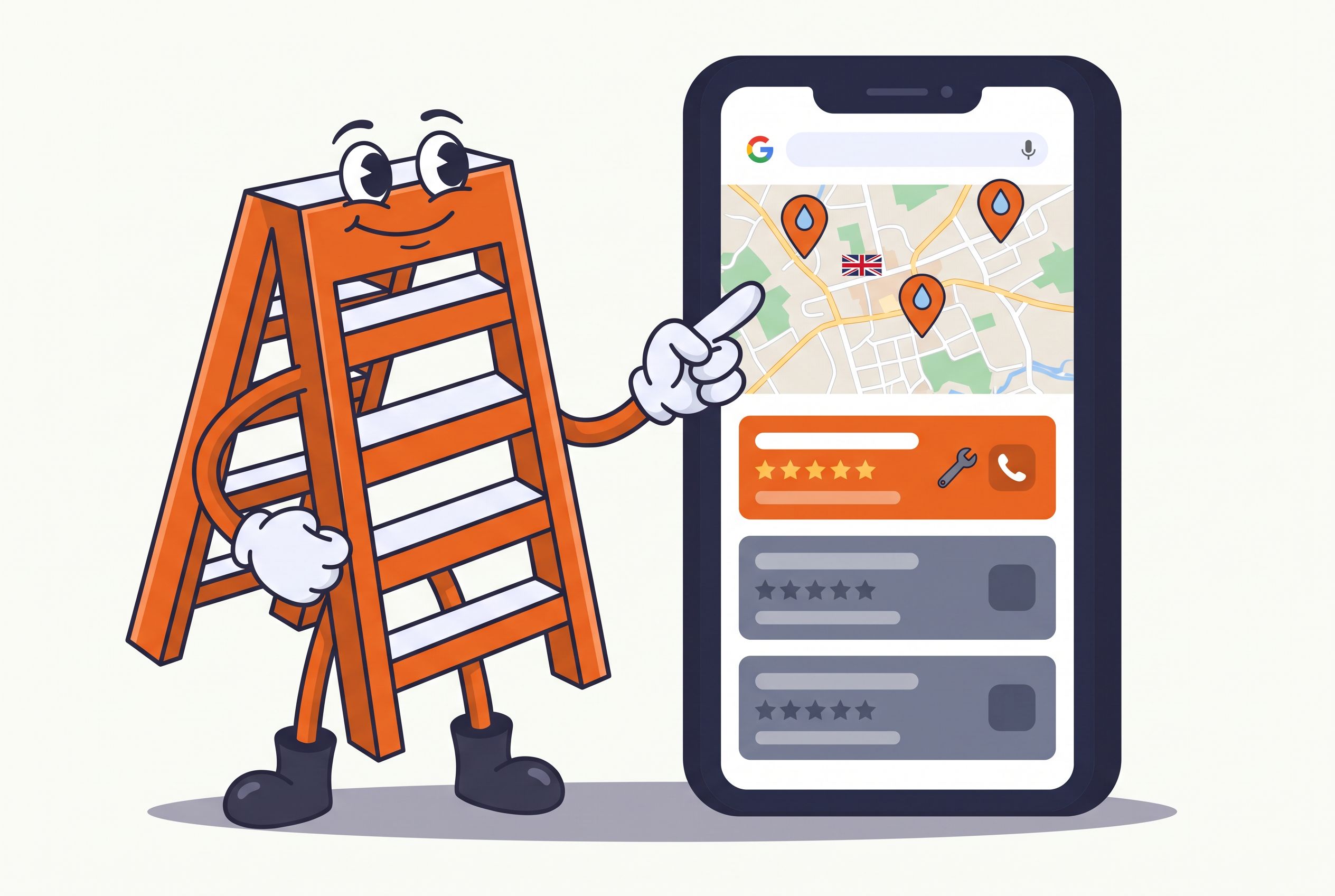 The Local Ladder mascot pointing at a Google map pack for plumbers with droplet-shaped pins and a five-star top listing