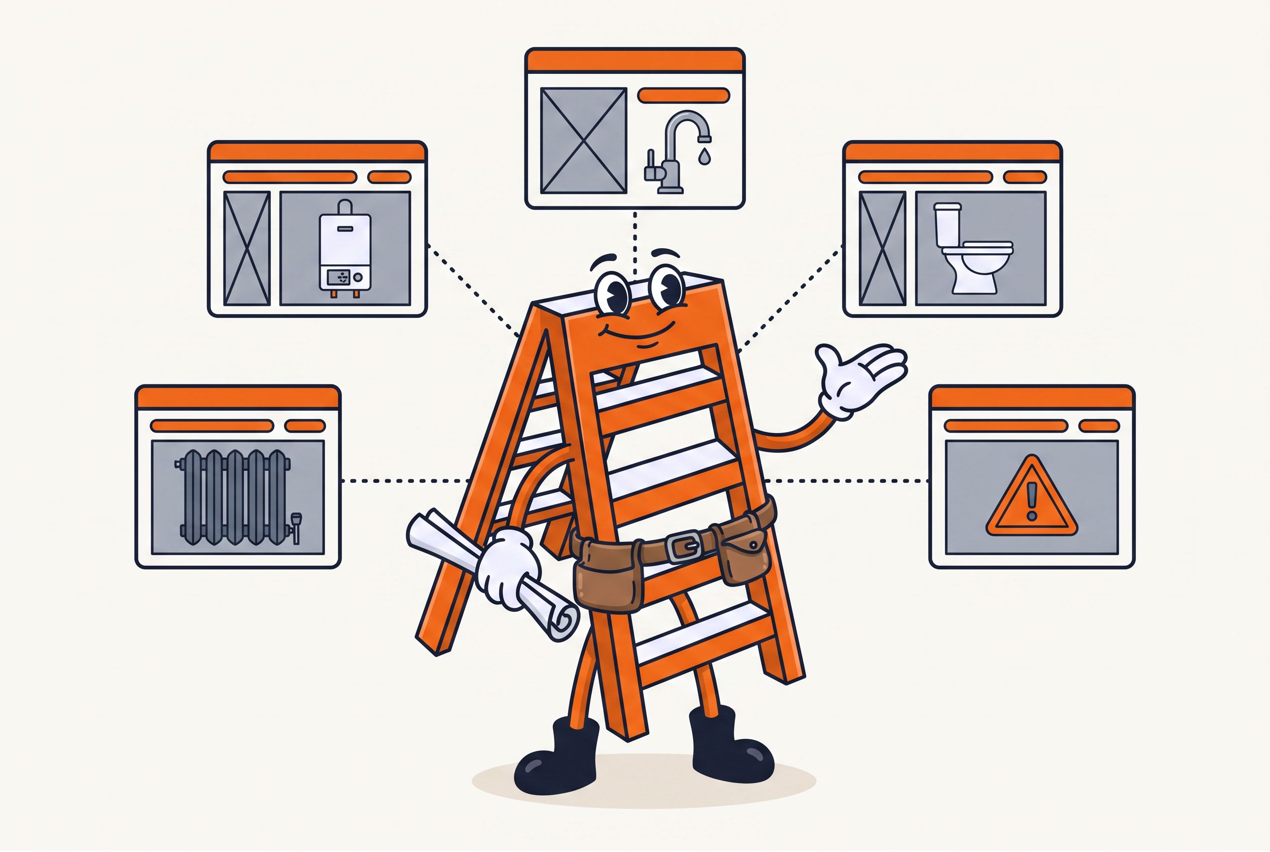 The Local Ladder mascot presenting separate web pages for boilers, taps, toilets, radiators and emergency plumbing