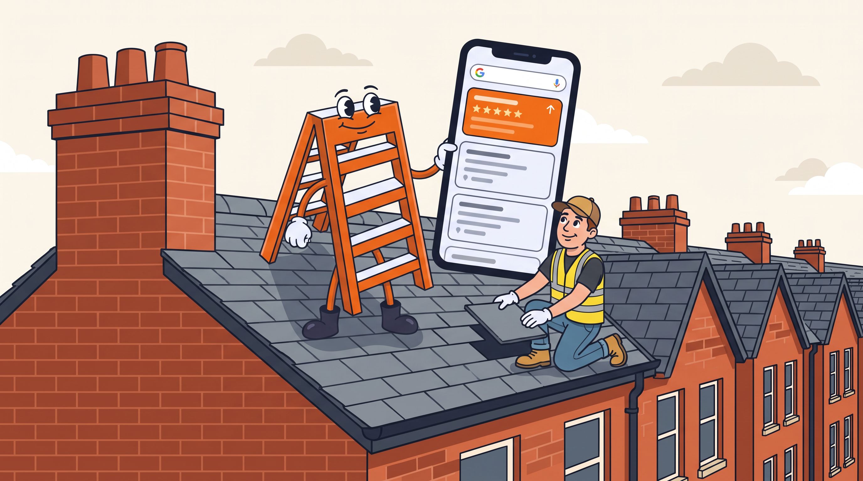 Illustration of the Local Ladder mascot on a UK terraced roof showing a roofer the Google search results on a phone