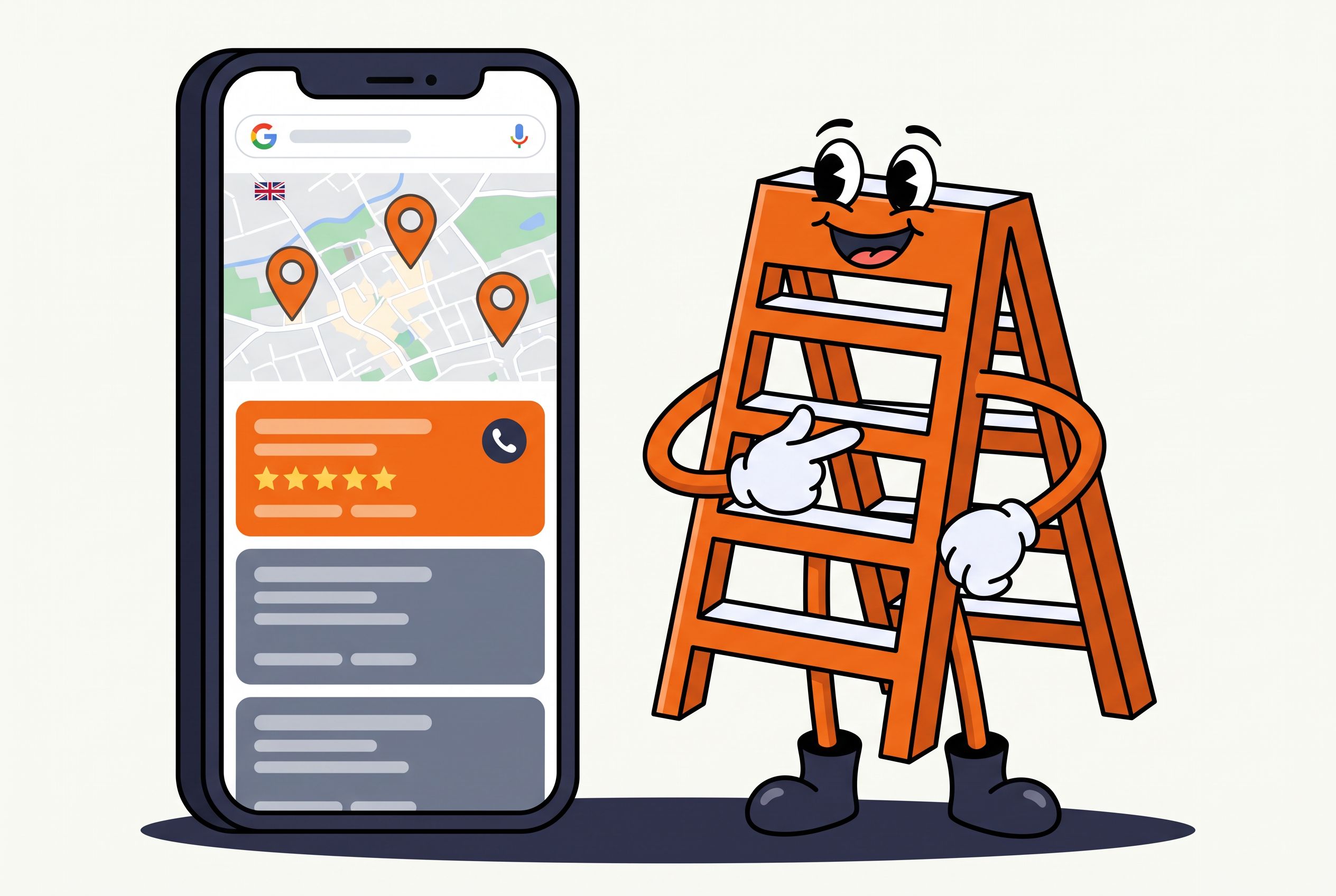 The Local Ladder mascot pointing at a Google map pack listing with five stars on a large phone screen