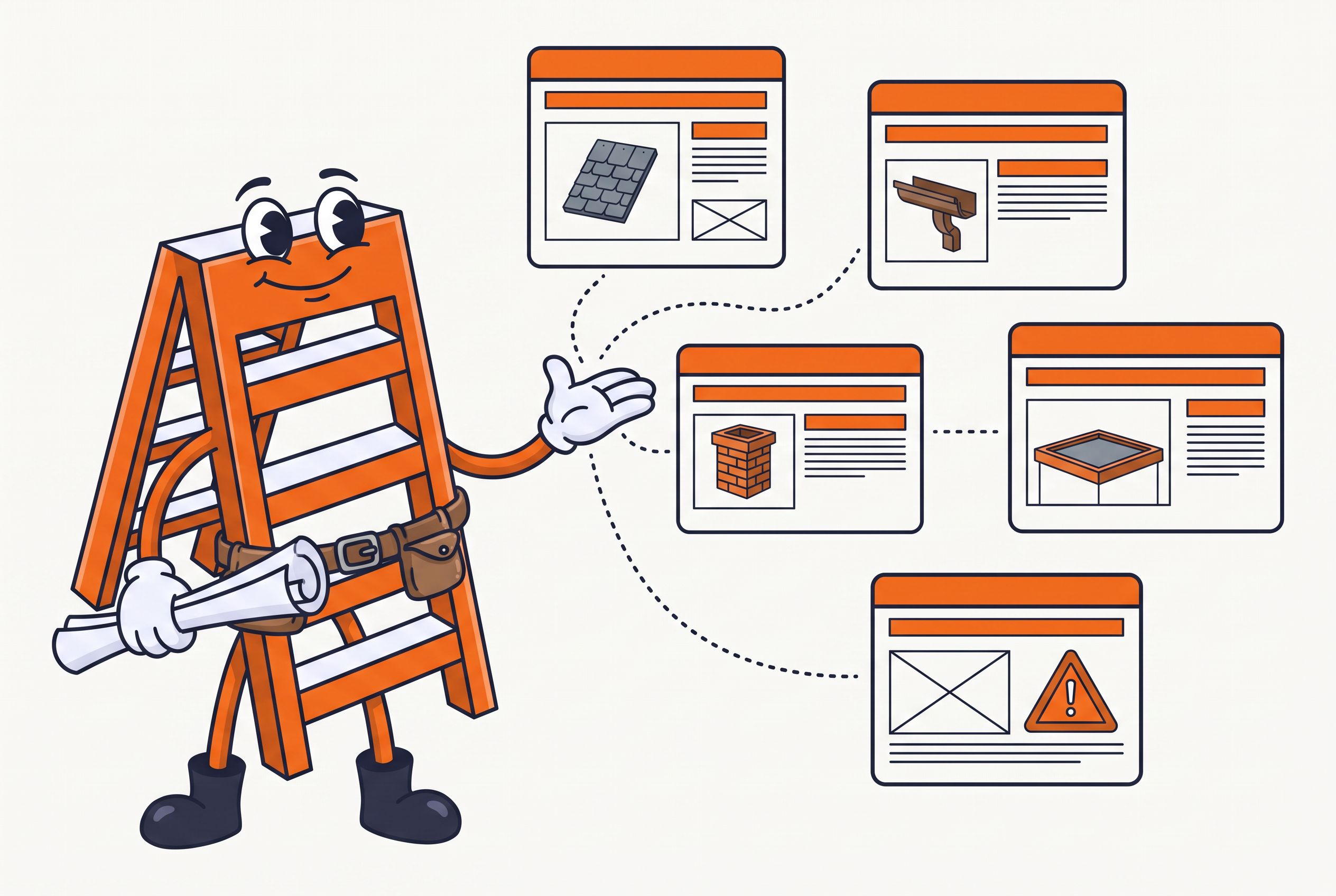 The Local Ladder mascot presenting separate web pages for roof tiles, guttering, chimneys, flat roofs and emergency work