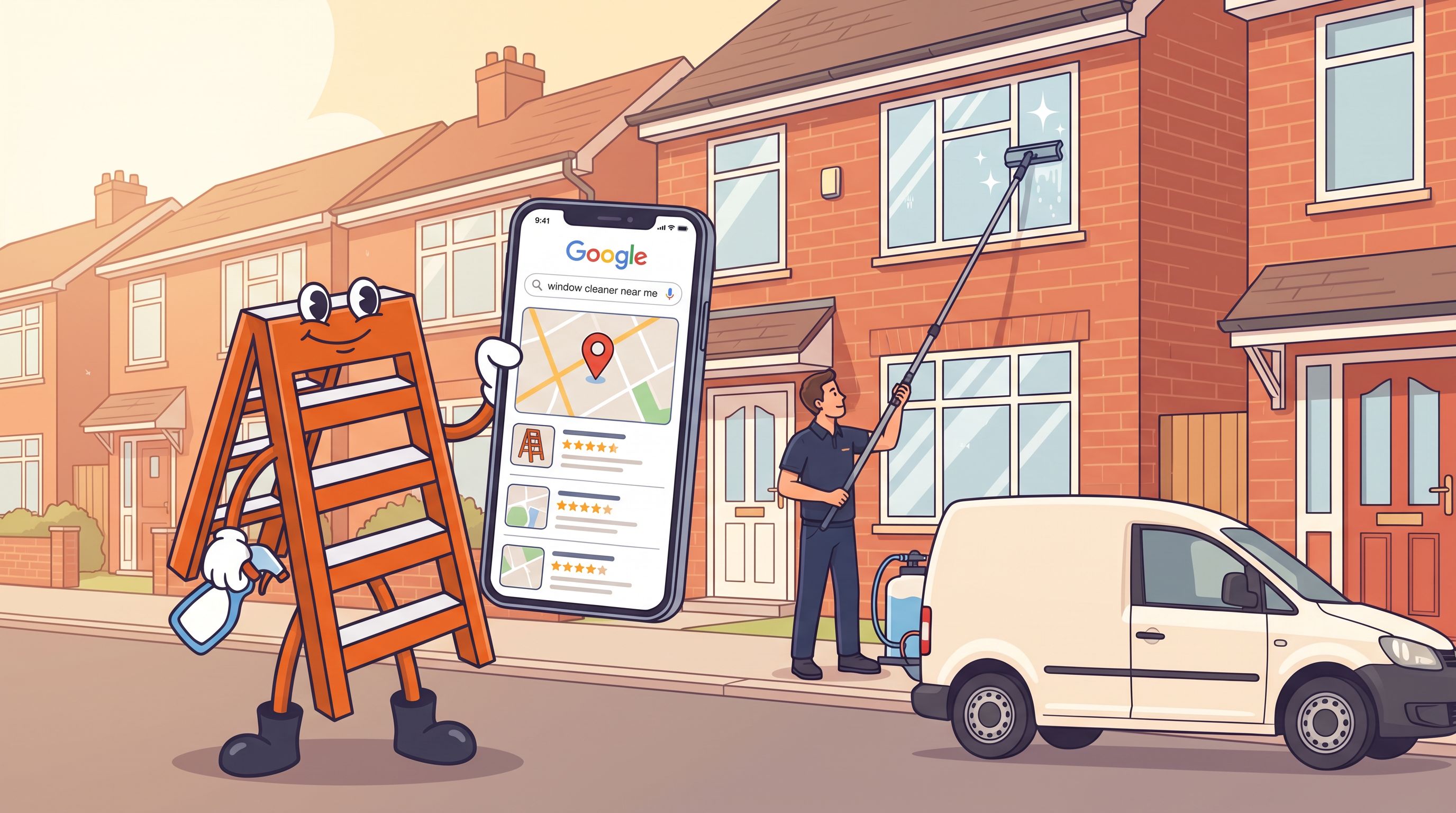 Illustration of the Local Ladder mascot holding a phone showing Google results for window cleaner near me while a window cleaner works a water-fed pole