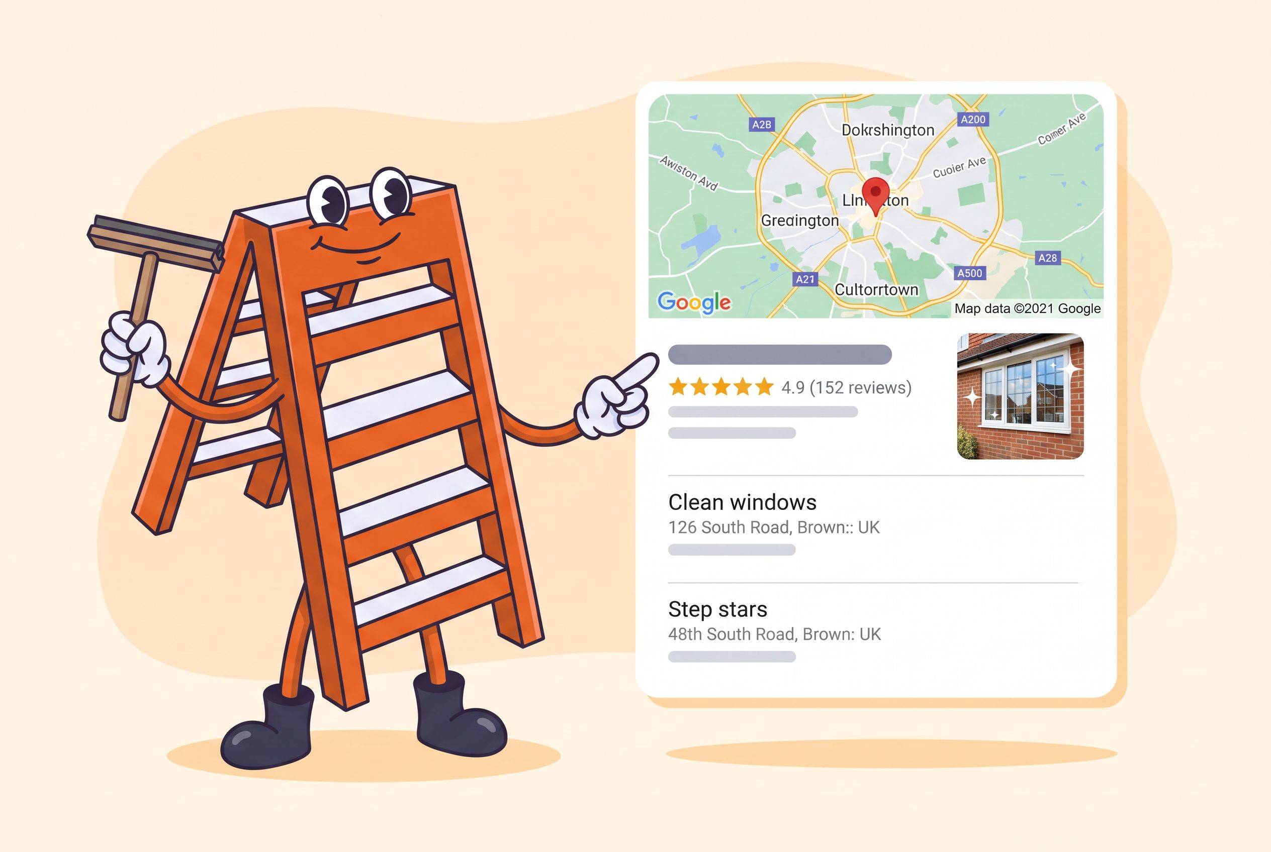 The Local Ladder mascot pointing at a Google map pack listing for a window cleaning business with five stars