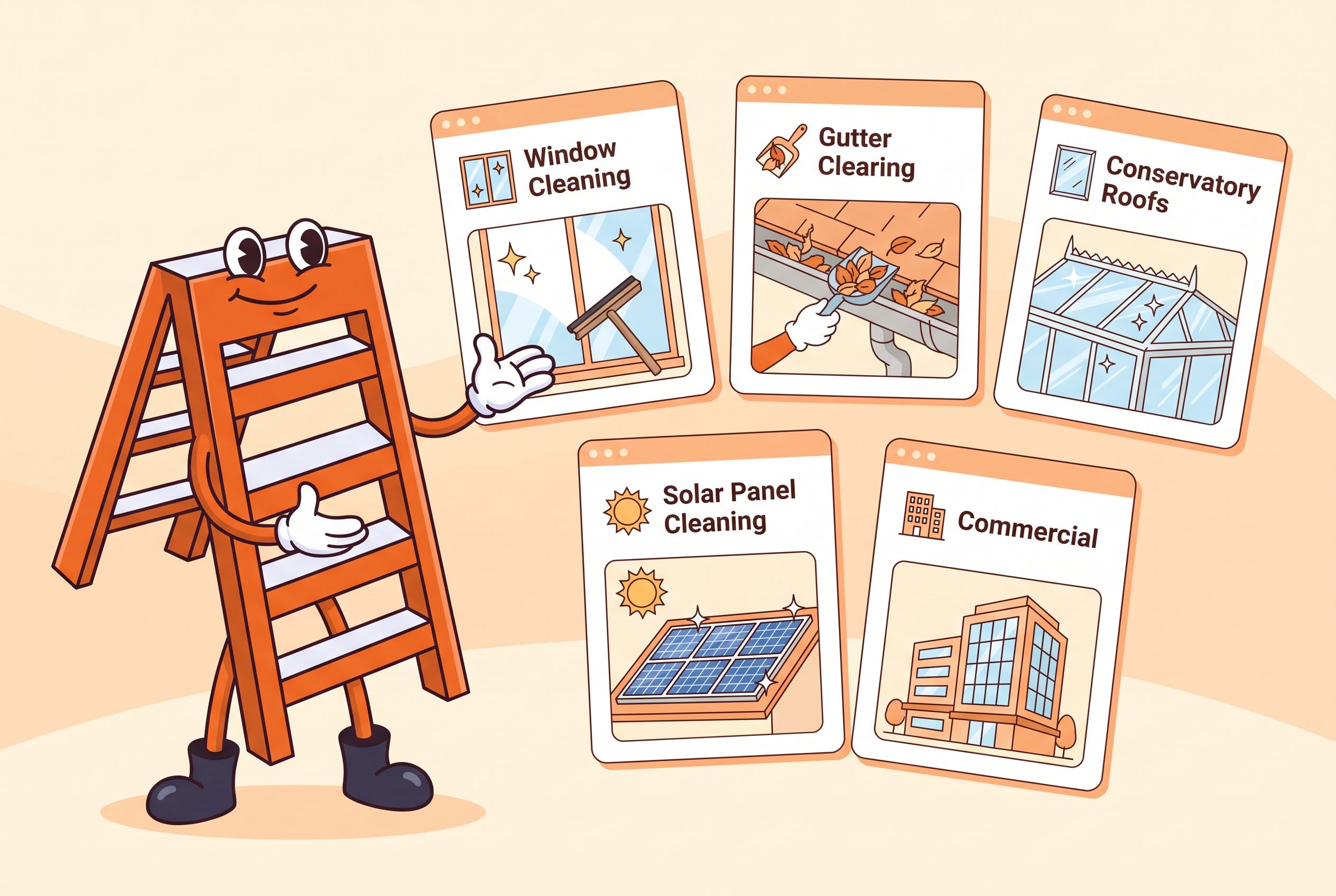 The Local Ladder mascot presenting separate web pages for window cleaning, gutter clearing, conservatory roofs, solar panel cleaning and commercial work