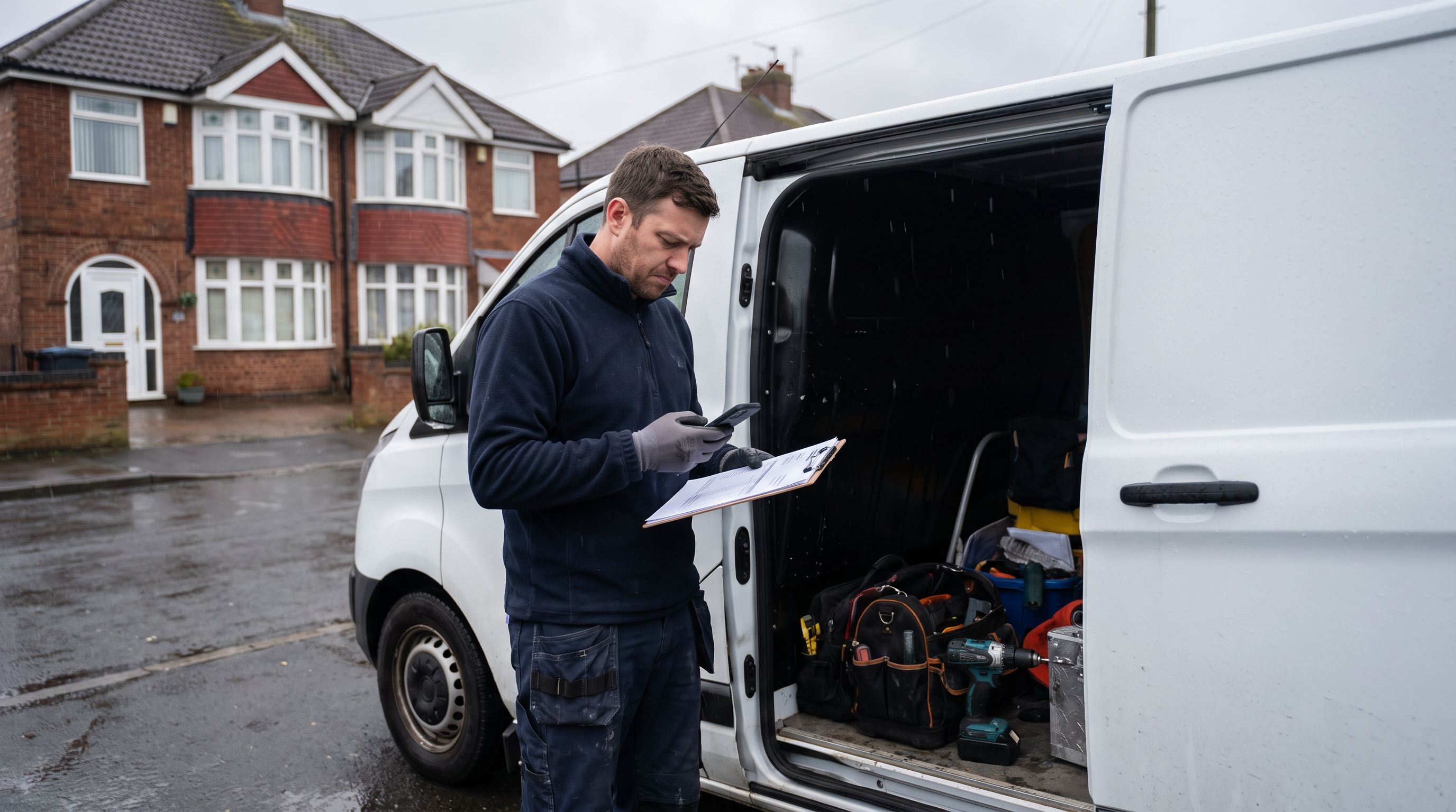 TrustATrader review: a UK tradesman checking an annual membership invoice beside his van on a wet residential street